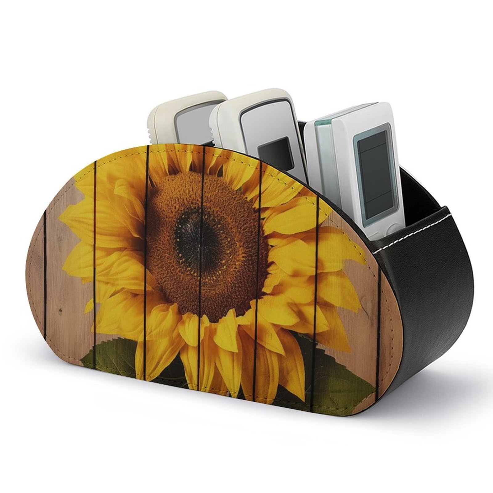 NTVOWPZO Sunflower with Wood Remote Control Holder with 5 Compartment Organizer Box, Leather TV Remote Holder Organizer Caddy for Table, PU Leather Remote Box for Nightstand Office Desk Storage Box