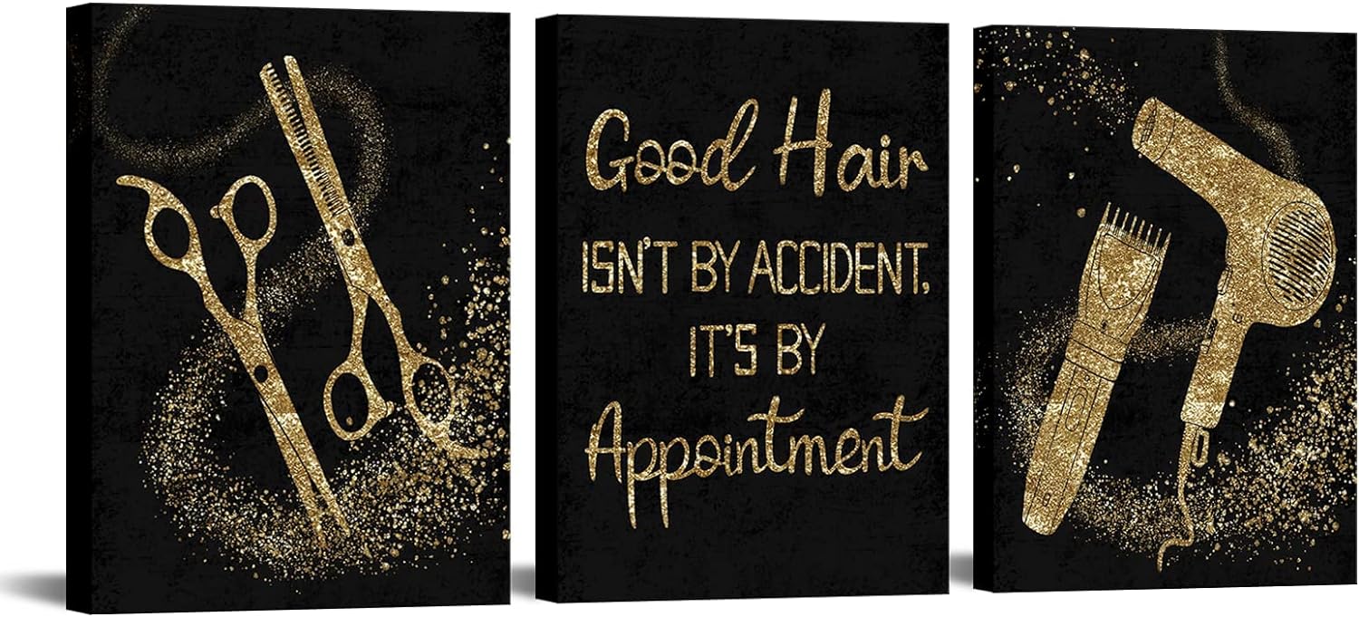 Conipit Hair Salon Pictures Wall Decor Barbershop Canvas Wall Art Black and Gold Hair Salon Painting Hair Room Decor Gallery Wrapped 3 Pieces