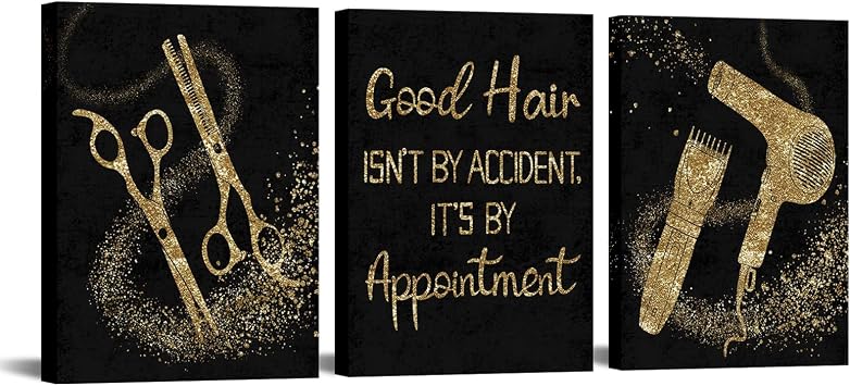 Conipit Hair Salon Pictures Wall Decor Barbershop Canvas Wall Art Black and Gold Hair Salon Painting Hair Room Decor Gallery Wrapped 3 Pieces