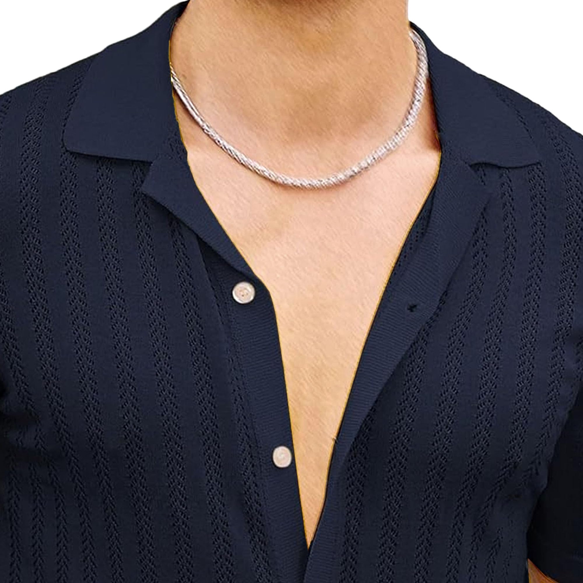 Mens Button Down Hollow Out Knit Shirts Casual Knitted Beach Vintage Polo Shirts Cuban Collar Shirt Short Sleeve (Blue 1,Small)