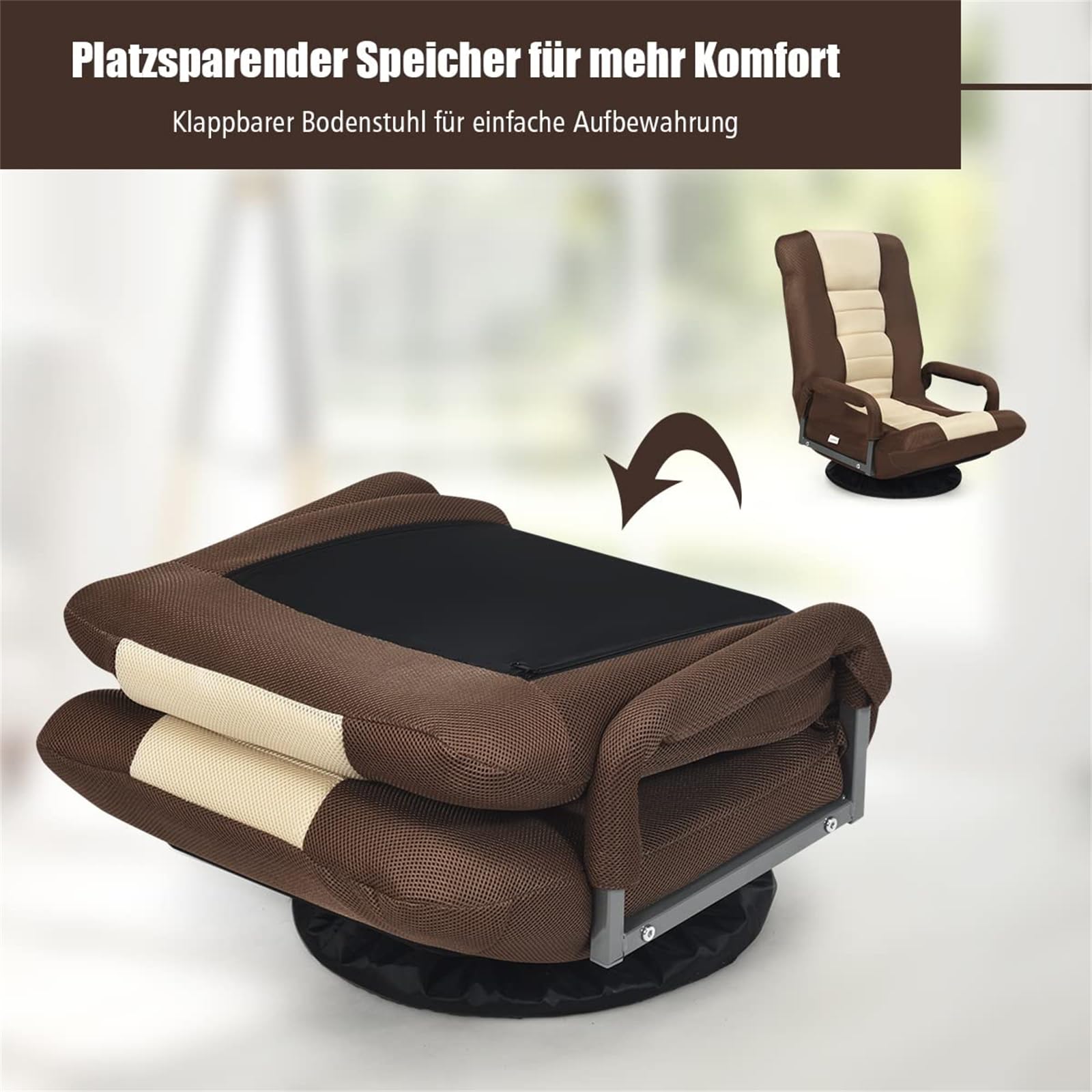 COSTWAY Bodenstuhl 360° drehbar, Bodensessel mit 6-Fach Verstellbarer Rückenlehne, Game Sessel gepolstert, Bodensofa Meditationsstuhl bis 140kg belastbar, Lazy Sofa (Braun)