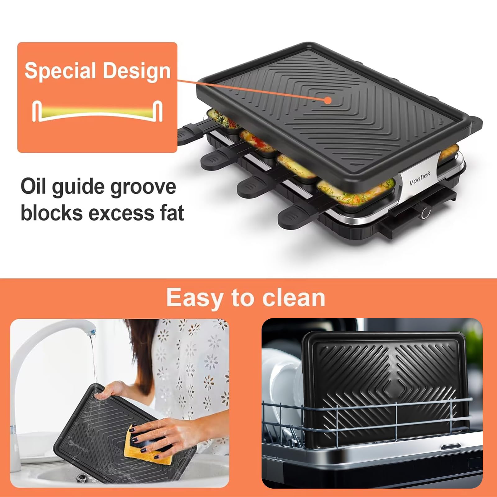 Raclette 8 Persone Griglia Elettrica Raclette Grill 8 Mini Padelle 8 Spatole Grill da Tavolo Grill Elettrico Piastra Antiaderente 1300Watt, Nero