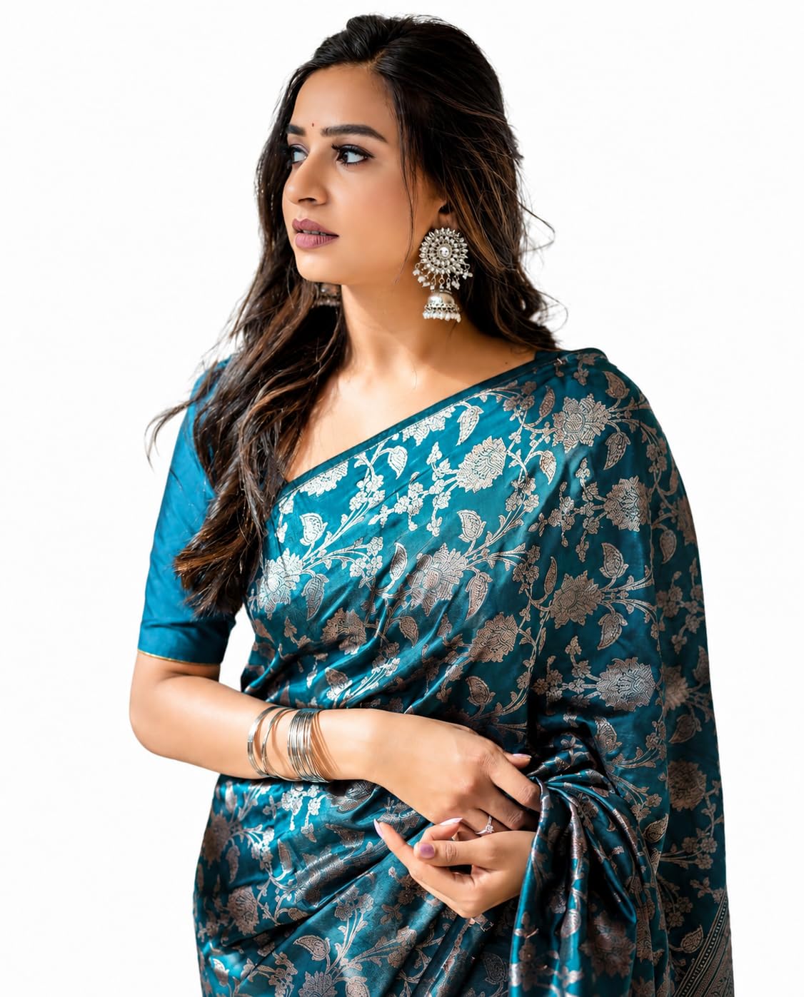 Women's Teal Blue Banarasi Soft Silk Saree | Silver Floral Zari Woven Jacquard Border | Traditional Indian Designer Saree with Blouse-picture-27