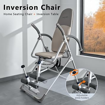 Inversion Table with Adjustable Backrest and Ankle Support, Comfortable Cushioned Seat, Safety Belt, Foldable Exercise Equipment