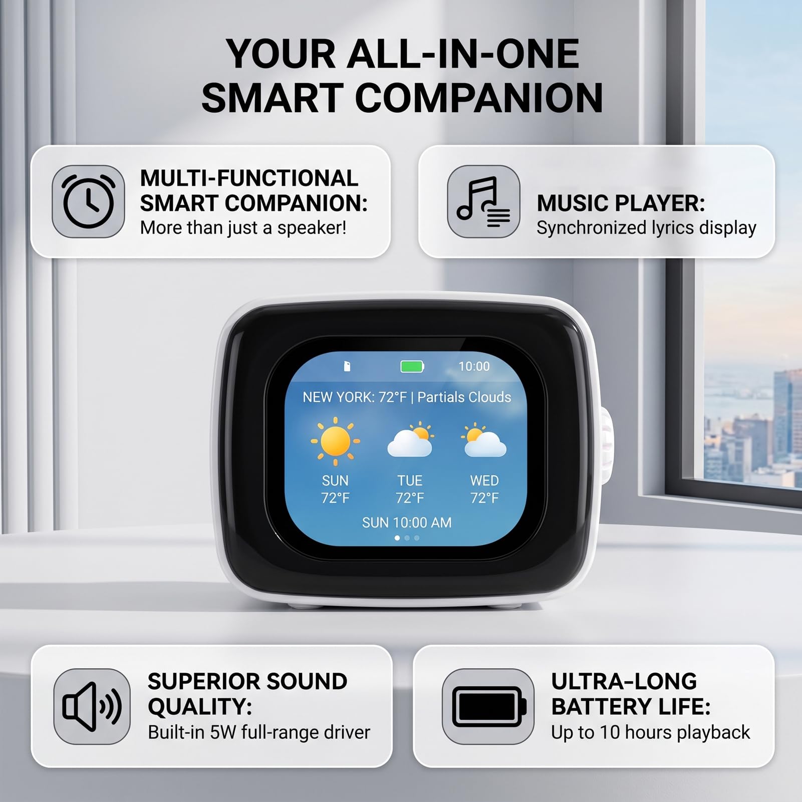Sveglia con Altoparlante Bluetooth Touchscreen Intelligente con Previsioni del Tempo, Batteria da 10 Ore, Lettore Musicale Multifunzione Portatile con Display