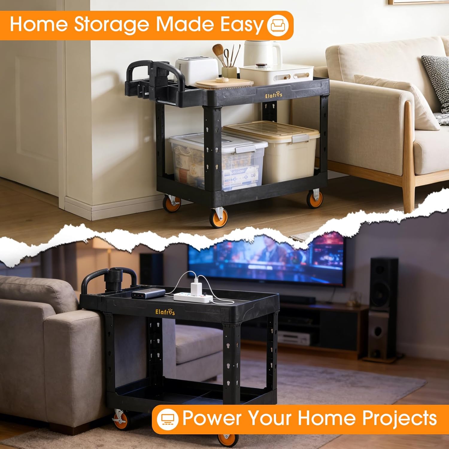 ELAFROS Extra Large Heavy Duty Plastic Utility Work Cart 43.5 x 24.6 Inch – 2 Tier Work Cart with Deep Tub Shelves, Ergonomic Handle, 5 Inch Casters, 550 lbs Capacity, Black