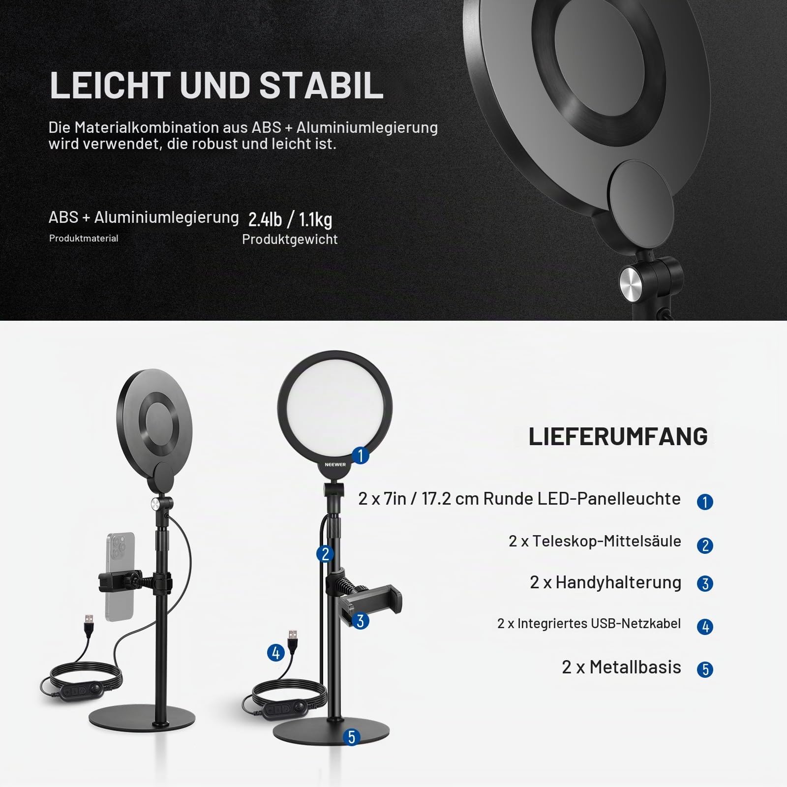 NEEWER Basics 2er Pack 7" Tischringleuchten für Videoaufnahmen, 10W dimmbare Vollbild Schlüsselbeleuchtung mit Tischständern und Handyhaltern für iPhone, Computer, Laptop, Vlogging, Streaming, R06