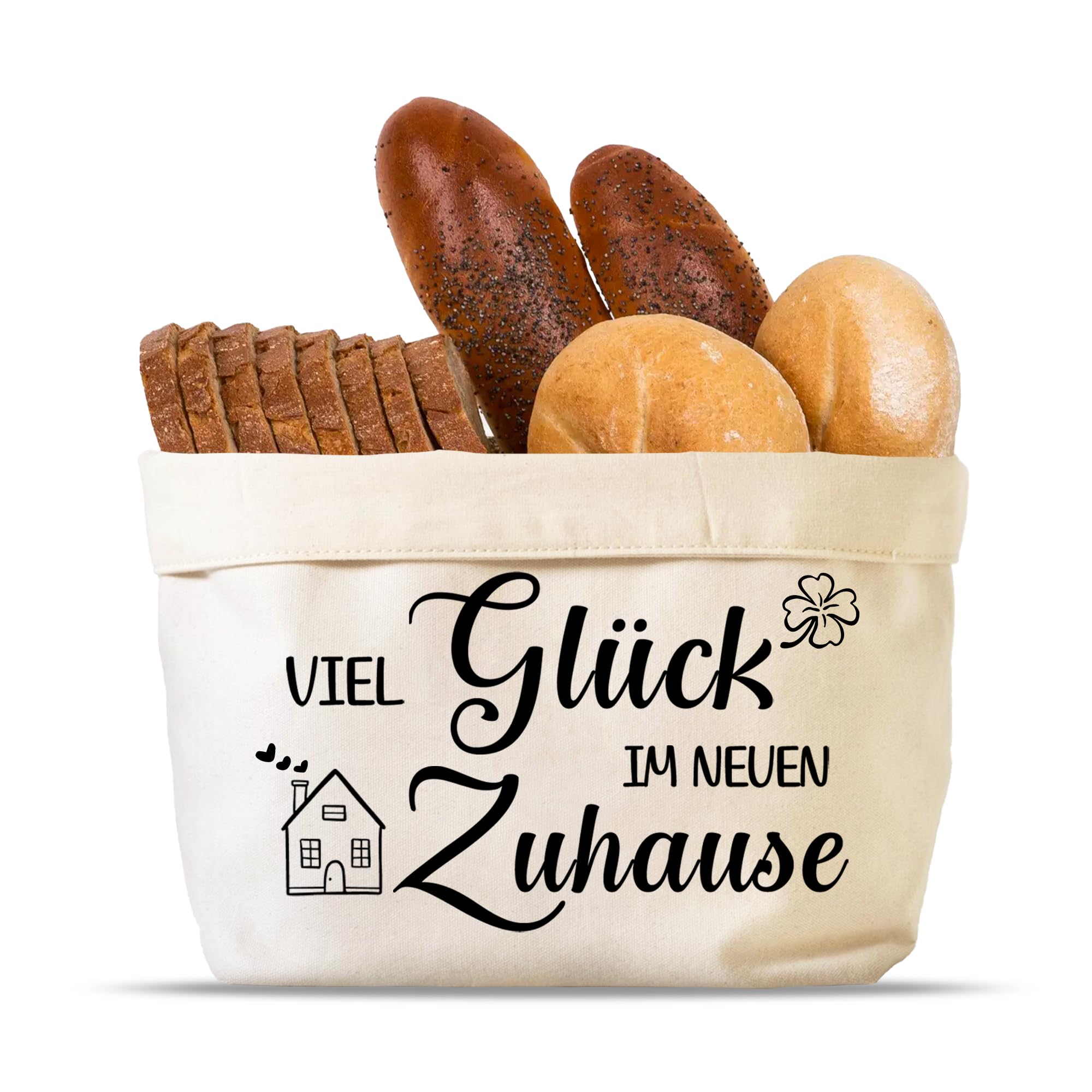 Brotkorb aus Stoff, Geschenk zum Einzug oder Auszug, Brötchenkorb mit "Viel Glück im Neuen Zuhause", Einzugsgeschenke Neue Wohnung