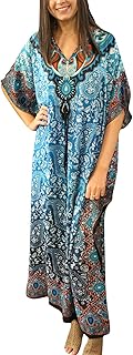 Mogul Interior Beach Wear Cover Up Long Dress Womens Kaftan Maxi Dress Draw String Printed Caftan Embellished Resort Wear Plus Size Blue