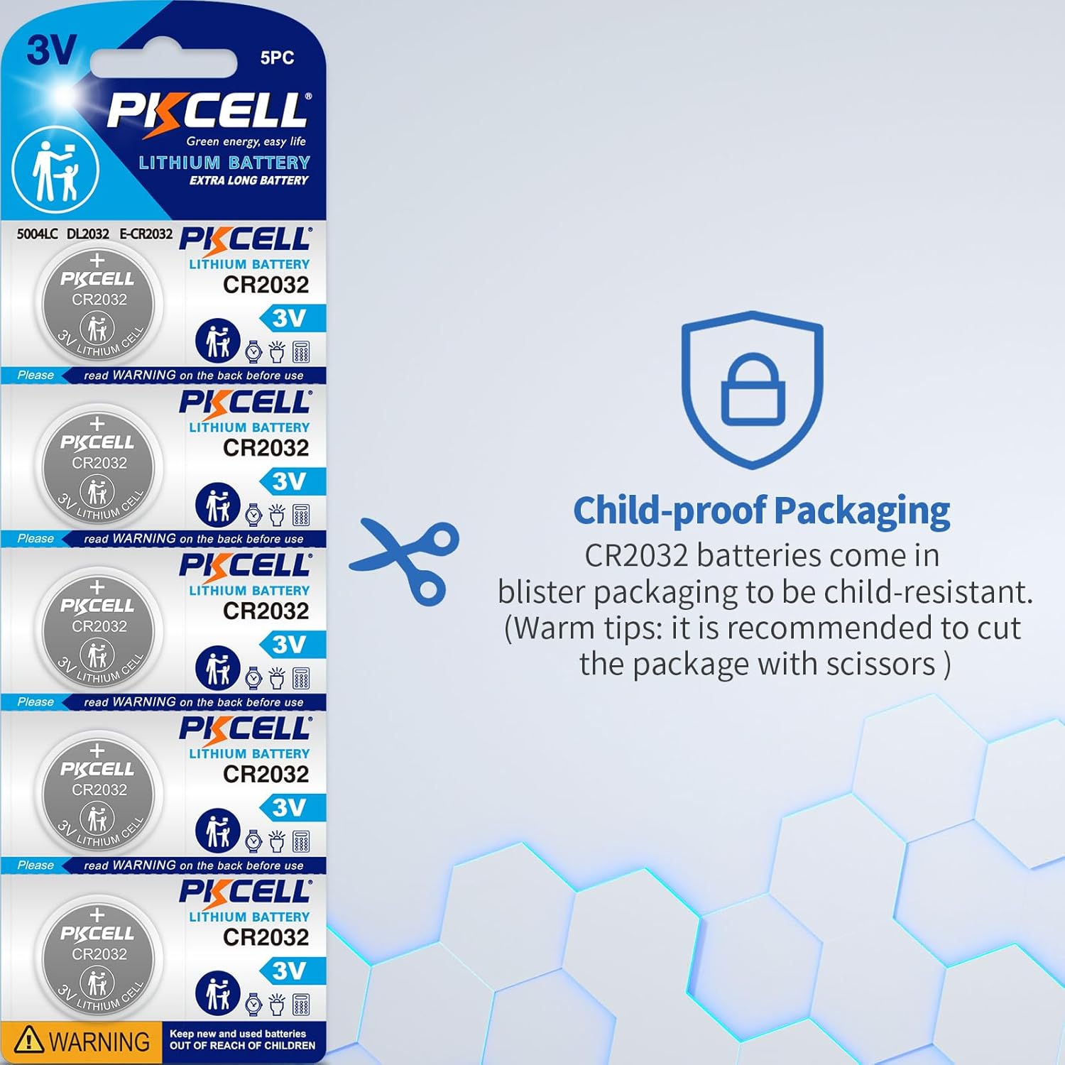 PKCELL 100 Pack CR2032 Batteries 2032 Battery CR2032 Lithium 3V, 5-Year Shelf Life, Long-Lasting & High Capacity