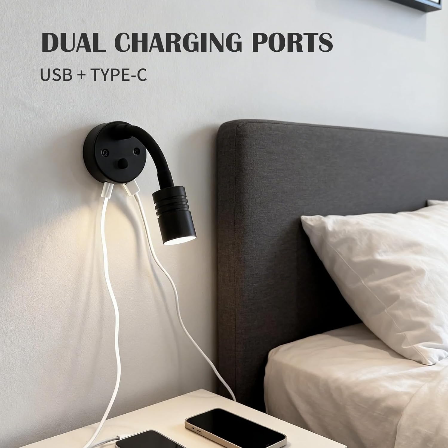 THALASSA Black RV Flexible Gooseneck Reading Light 6000K White and Blue Night Light Mode with USB-C and USB Ports 12V for Motorhome, Camper, Truck, Travel Trailer, Caravan Van Bedside Use