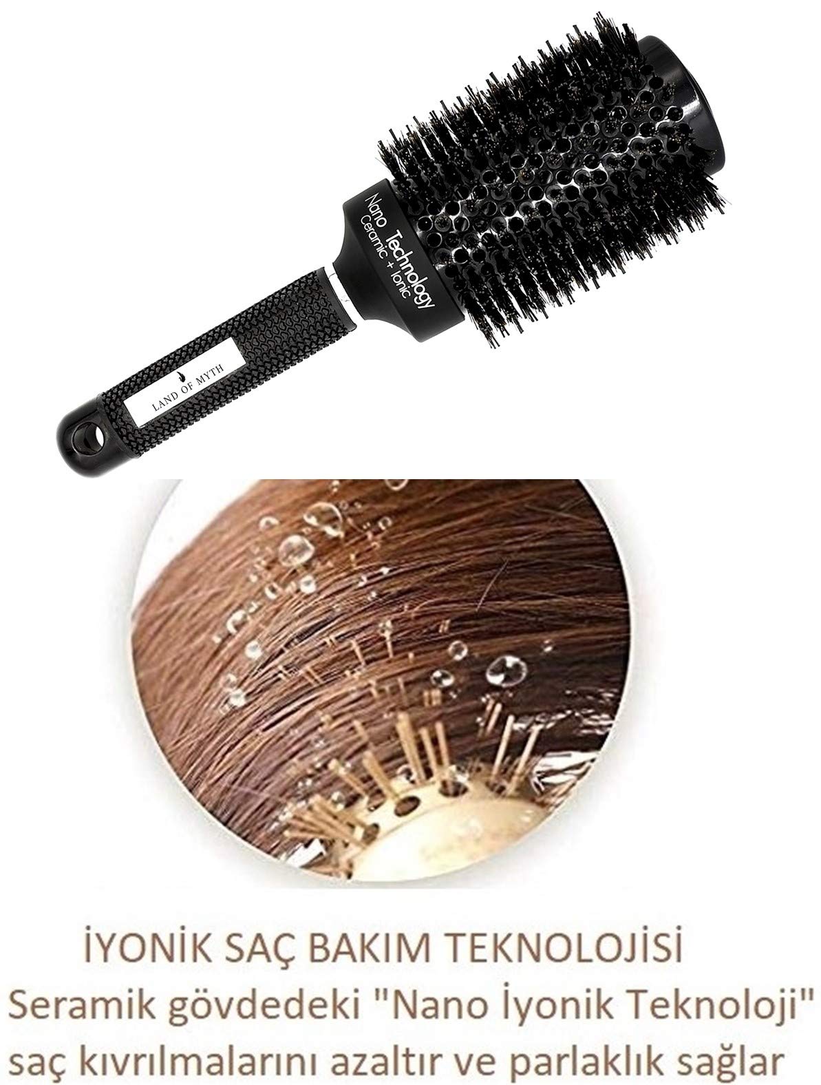 LAND OF MYTH - LOM1094 Nano Teknoloji Seramik + İyonik Fön Fırçası, Antistatik, Kauçuk Kaydırmaz Sap, Manyetik Askılık (53 mm)
