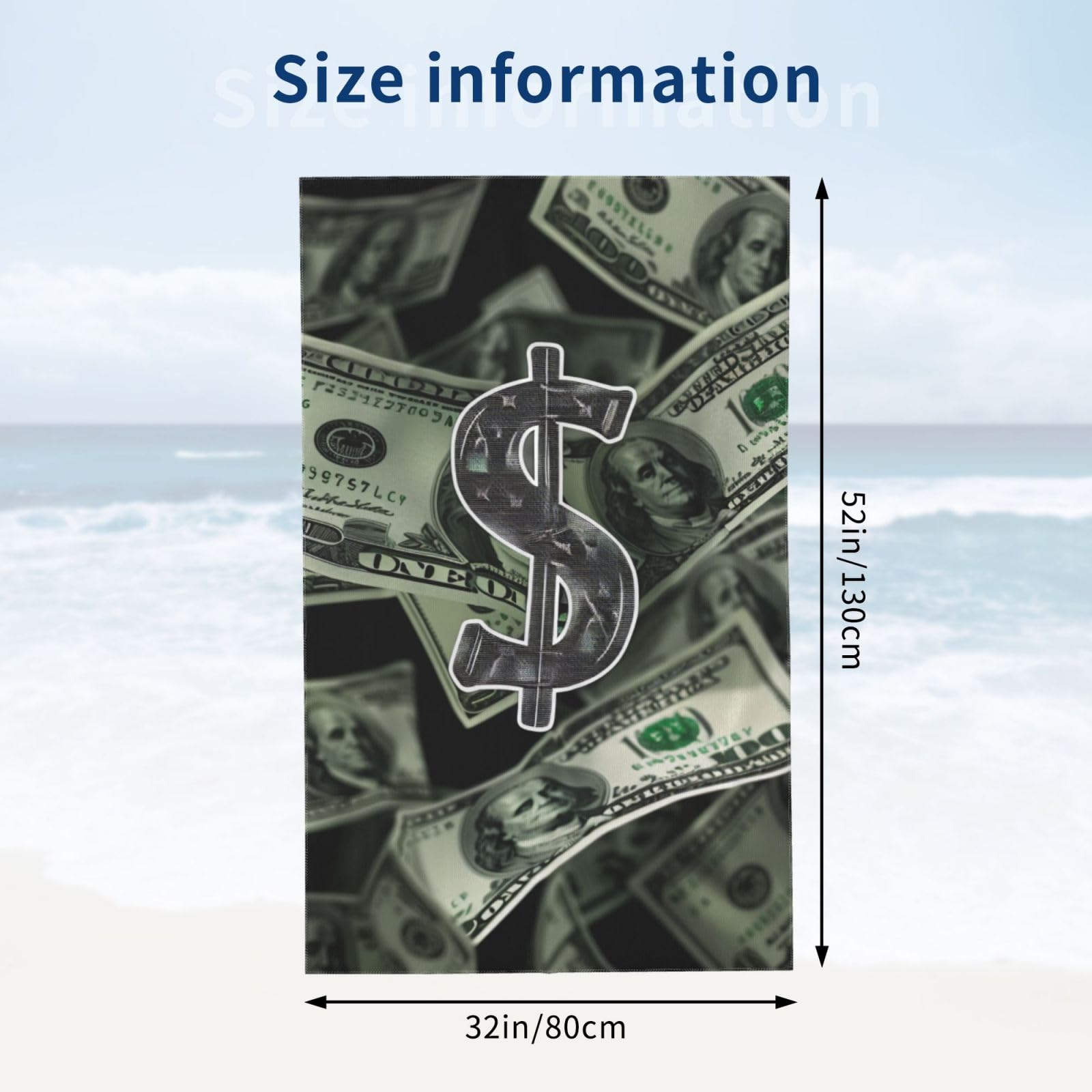 DCEHGEW Dollar Sign Money Printed Microfiber Bath Towels 32x52 Inch, Highly Absorbant Beach Towel Bath Sheets for Bathroom Travel Hotel Spa
