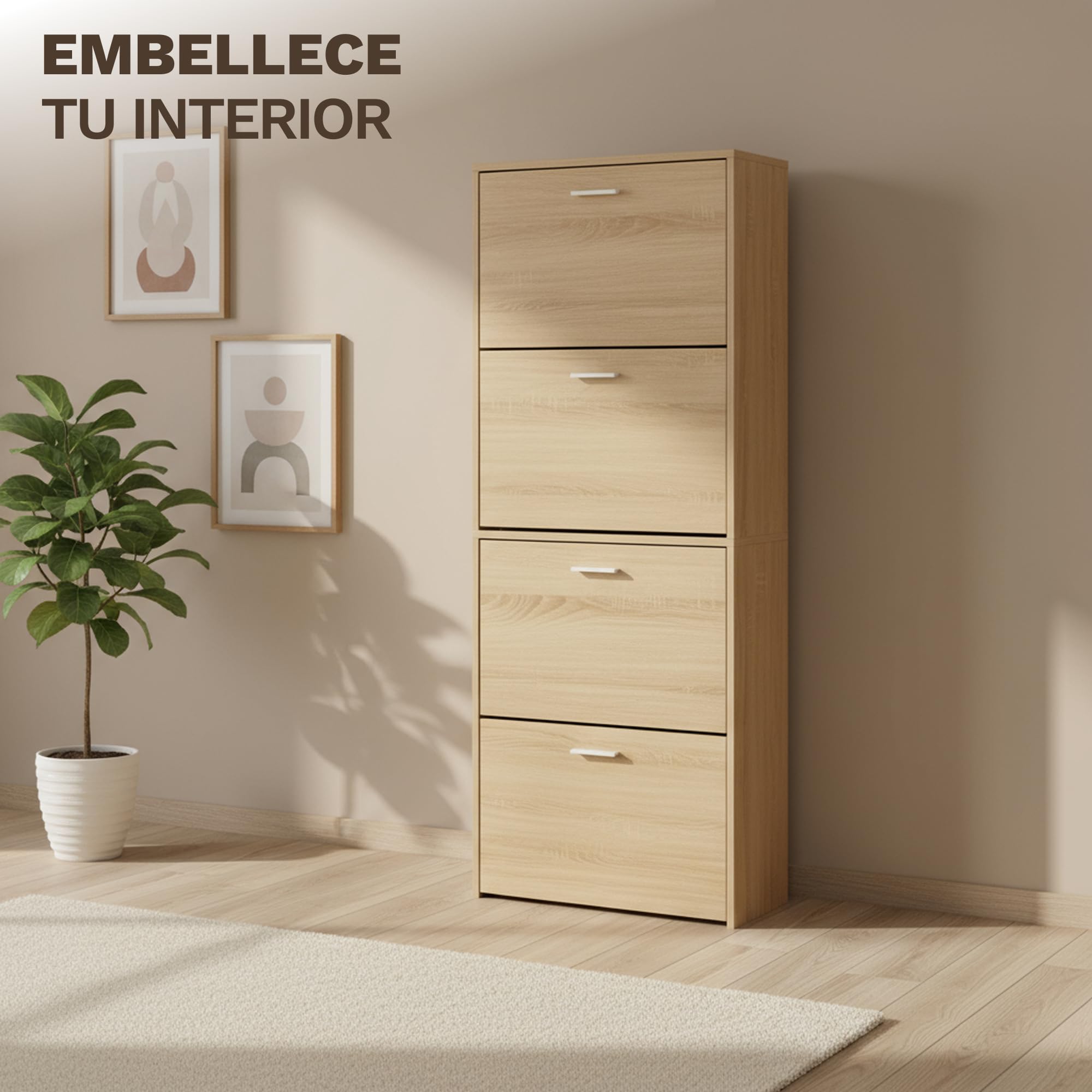 CATAVANA Zapatero Madera 24 Pares, Mueble Zapatero Entrada Recibidor con 4 Tapas, Shoe rack for bedroom, Organizador Zapatos Vertical para Pasillo, Shoe Rack Armario Calzado,60x24x150 cm, Madera Clara