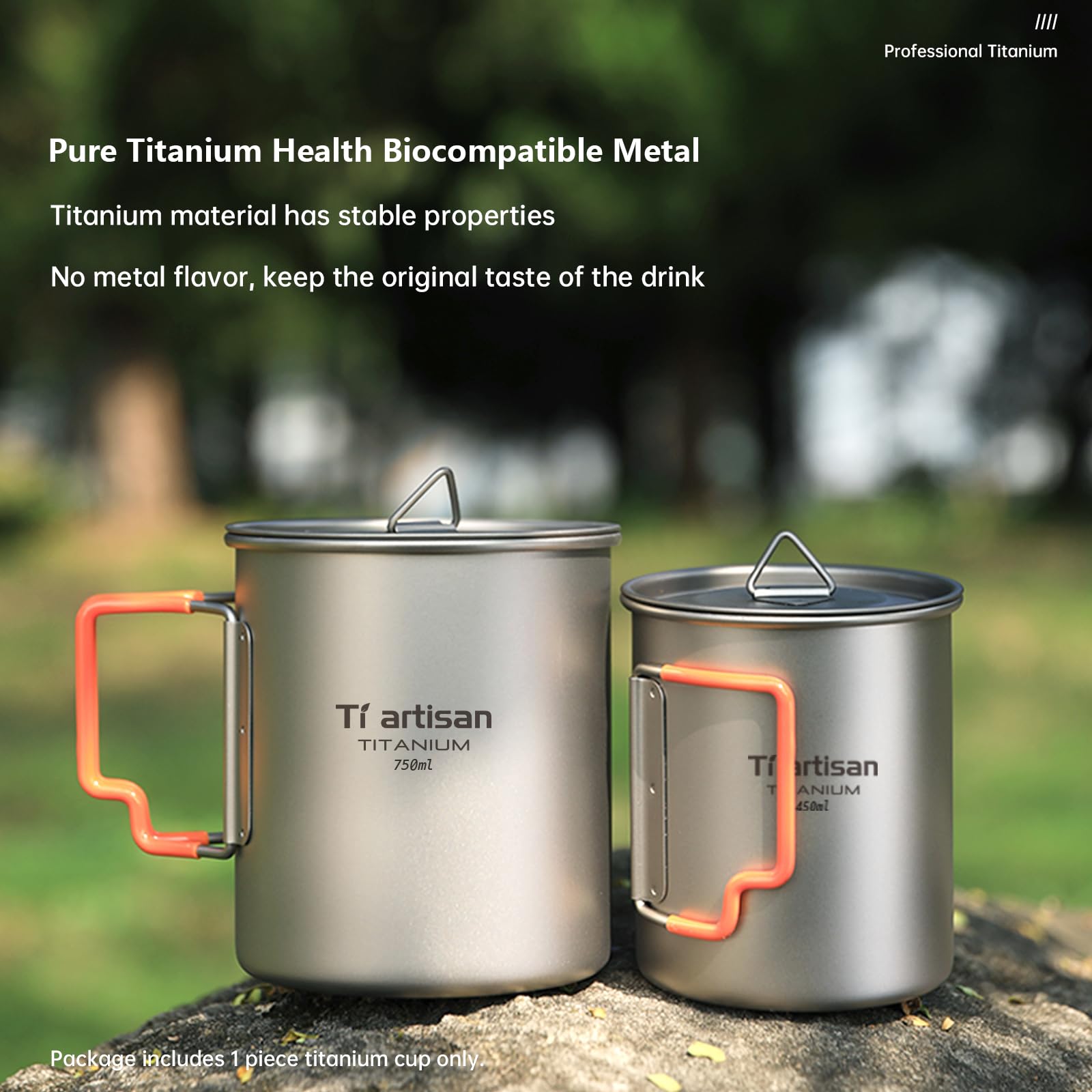 Ti artisan Taza de titanio para camping, portátil, ultraligera, 450 ml/750 ml, agua con asas plegables y tapa para acampar al aire libre, senderismo, mochileros (750 ml)