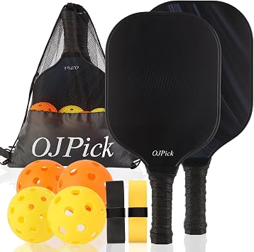 Pickleball Paddles Set of 2, Fiberglass Surface Pickleball Set -2 Paddles, 4 Pickleball Balls, 1 Mesh Backpack, 2 Tape, Pickleball Paddles Set for Men Women