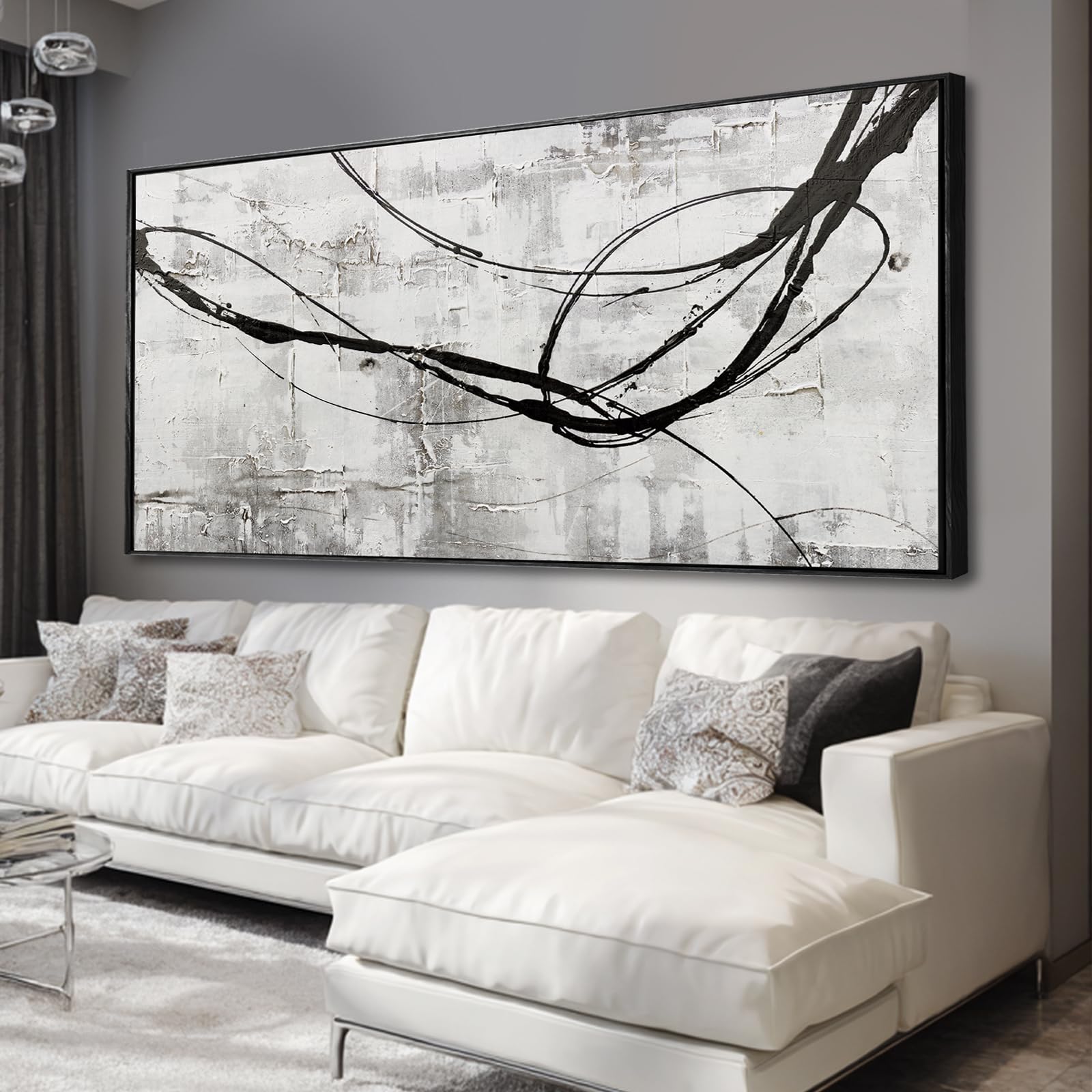 Photo 1 of XIANSHOU Black Line Oil Painting Wall Art Textured Framed Artwork 40"x86"