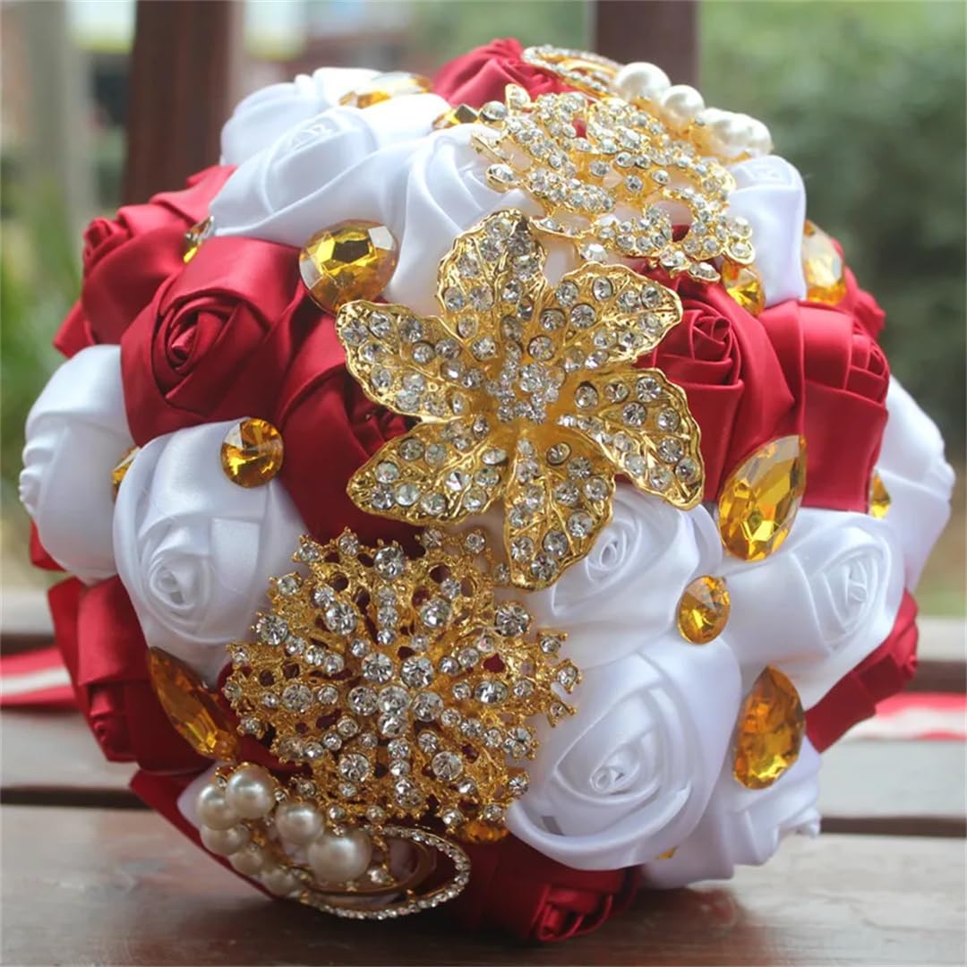 HJRegaFimu Gold Brooch Bridal Hand Holding Flower Bouquets White Crystal Solid Silk Bridesmaid Wedding Bouquet Diameter 15cm