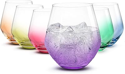 Stemless Wine Glasses (6 Pack - 18 Ounces) Colorful Drinking Glasses Highly Durable, Round Bowl Glasses for Wine, Red And White Wine Tumblers, European Made Cocktail Glasses, Stemless Wine Glass