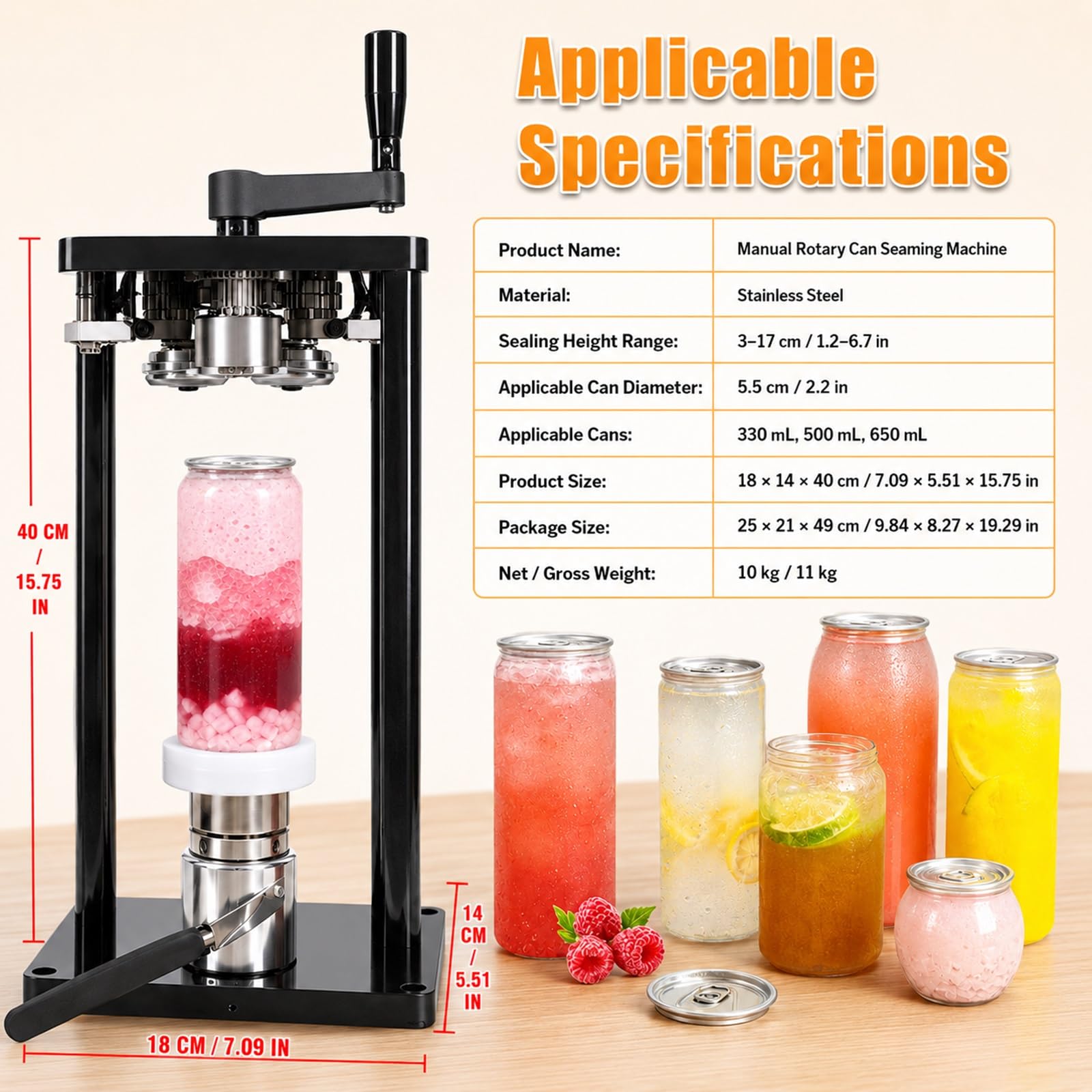 Sertisseuse de Canettes de Boissons Commerciale, Scelleuse à Main Pro | Convient aux Pots de 55mm, Scellage de Récipients 4.5-6.6 Pouces, Base Rotative pour Mise en Conserve Maison