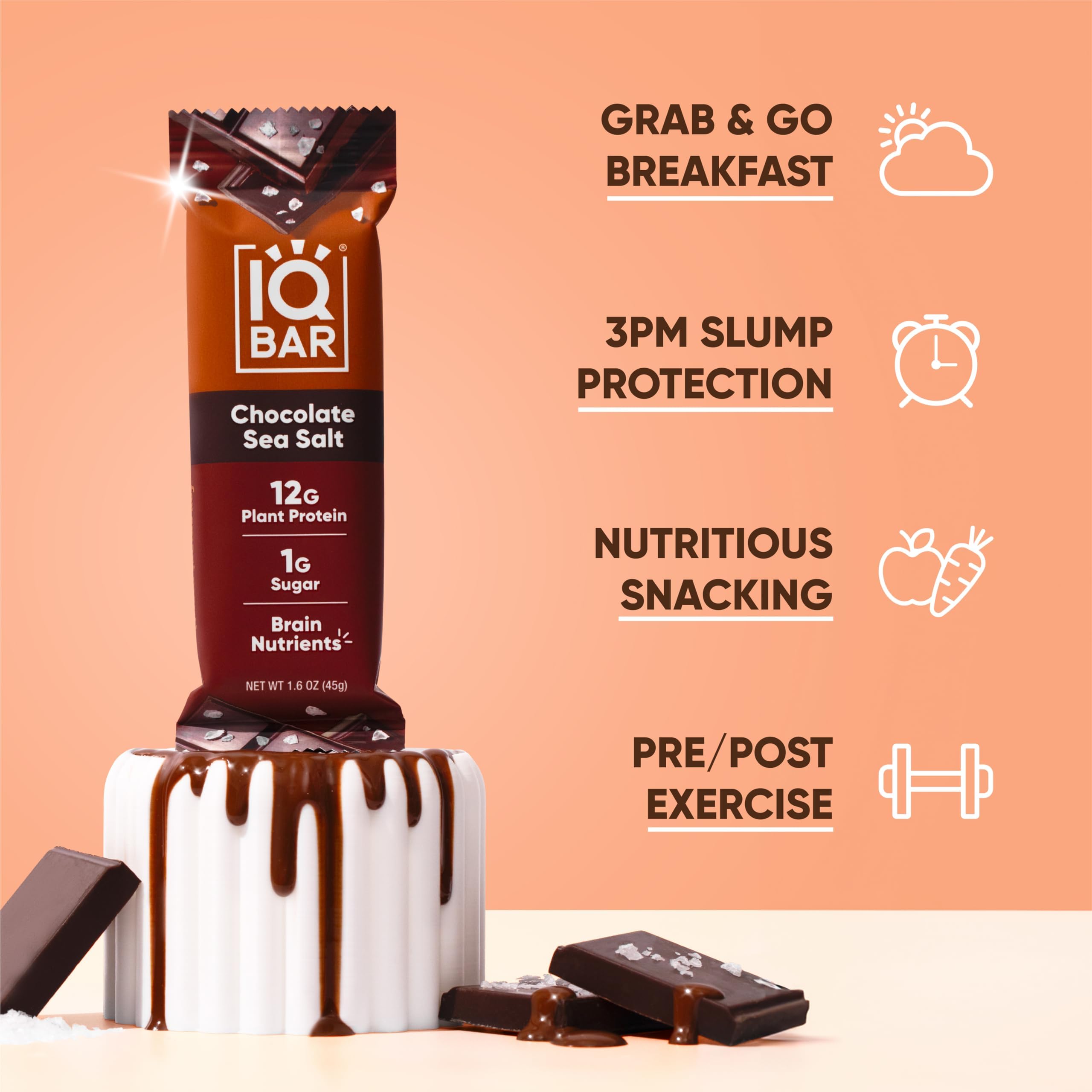 IQBAR Brain and Body Plant Protein Bars - Chocolate Sea Salt - 4-Count Low Carb - Gluten Free, High Fiber, Vegan Snacks - Low Sugar Meal Replacement