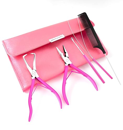 Miniatura 9 de Beauty & Crafts Herramientas de extensión de cabello, juego de alicates de acero inoxidable para microcuentas, 1 aguja de ganchillo, 1 gancho de