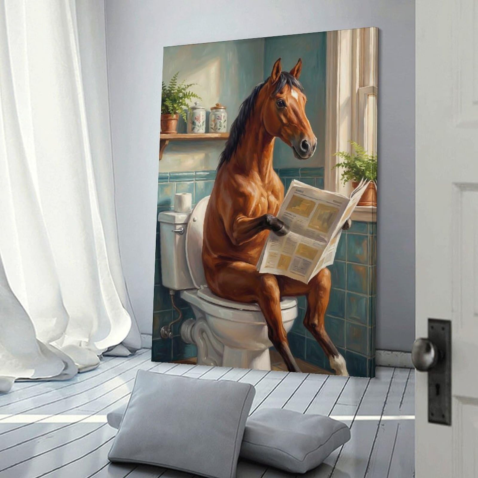 Junmoney Frame-Style-17 Horse Reading Newspaper On Toilet Home Decor Wall Art, 24X36inch(60X90cm), For Apartment Walls, Studios Or Work Areas, Decorative Canvas Decor For Home Updates