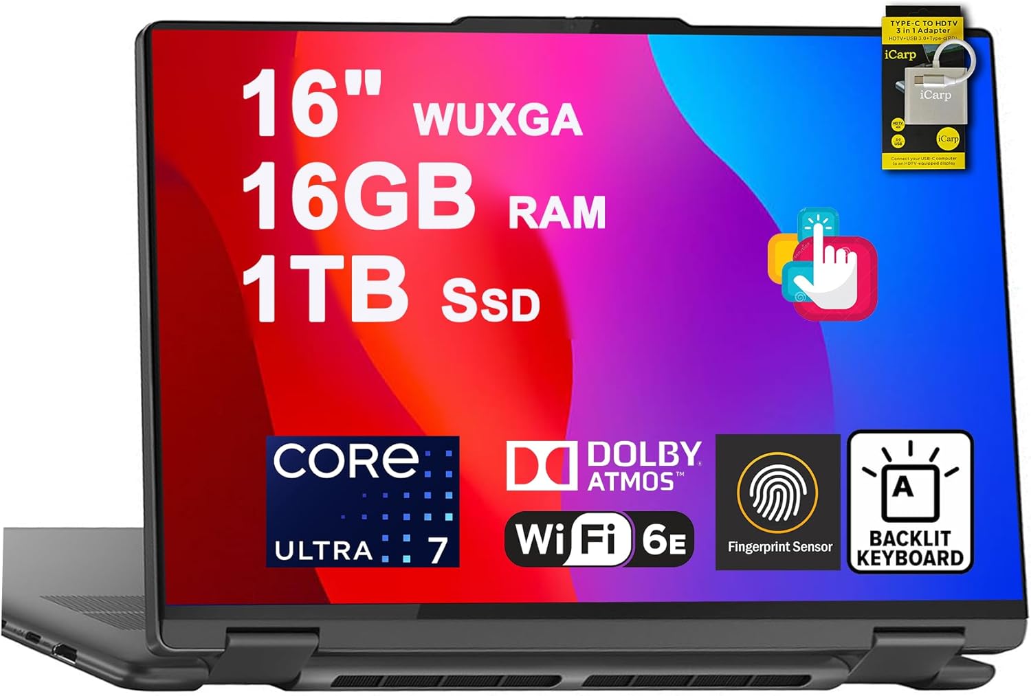Lenovo Yoga 7 16 2-in-1 Laptop 16" WUXGA IPS Glossy Touch Intel 12-core Ultra 7 155U 16GB DDR5 1TB SSD Backlit Fingerprint for Designer Business Professional Win11 ICP Hub