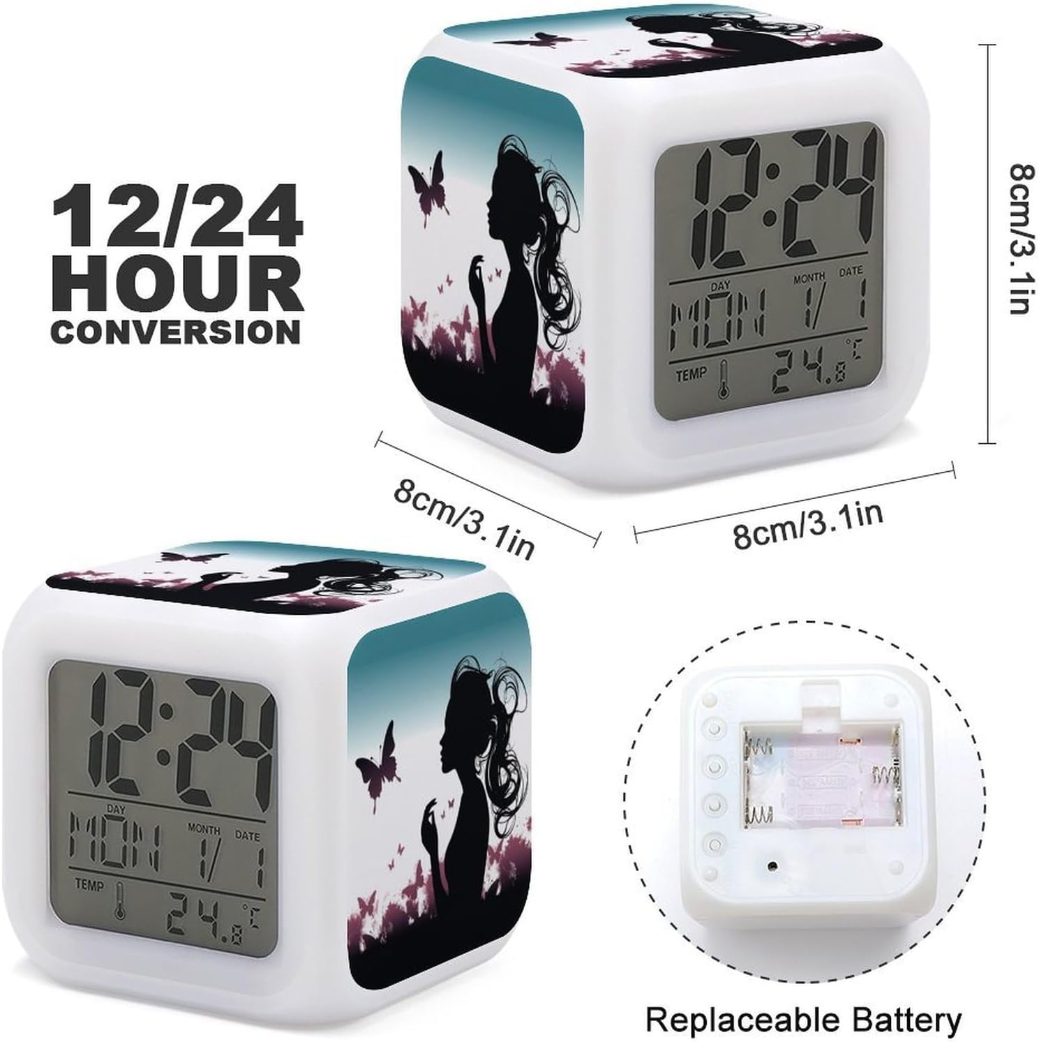 Butterfly Girl Wake Up Alarm Clock, Square 7 Color Night Light image 2