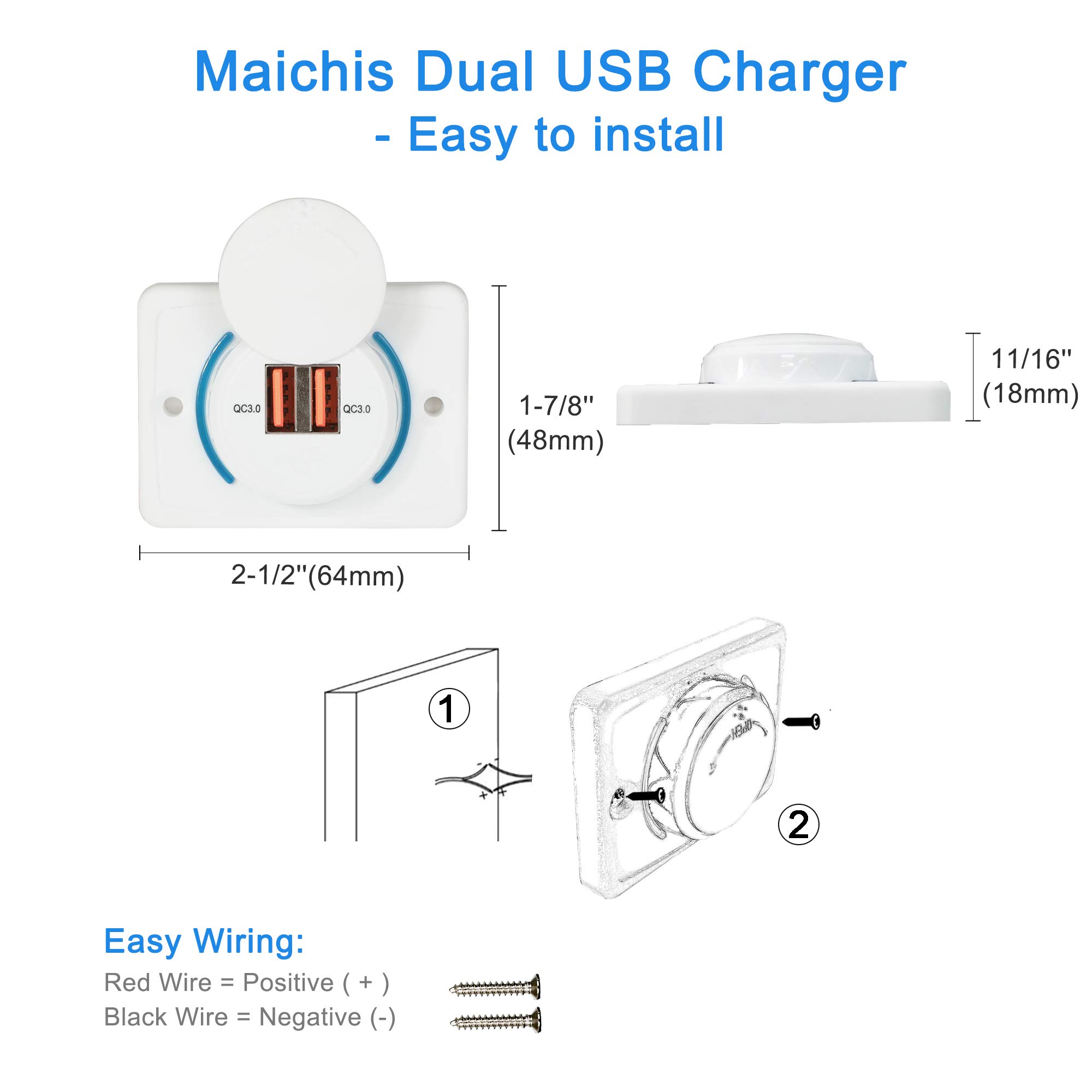 Maichis RV USB Outlet 12V Wall Mount, Fast Charge QC3.0 18W Dual USB