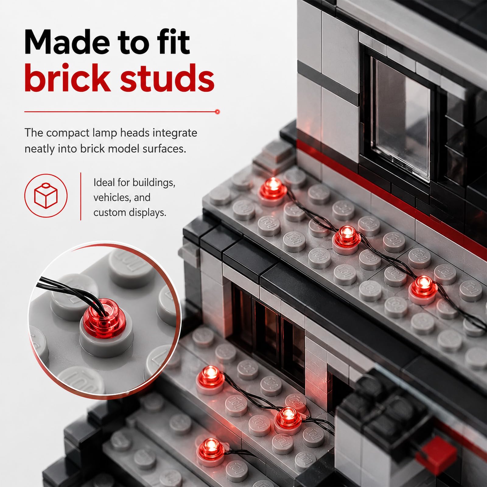 6 in 1 Bausteinlampen, LED Beleuchtung 1×1 Rund USB für Klemmbausteine & Bricks, Modellbau Licht DIY-Beleuchtungsbaustein-Zubehör Leuchtsteine kompatibel mit MOC für Diorama & Vitrine (Rot)