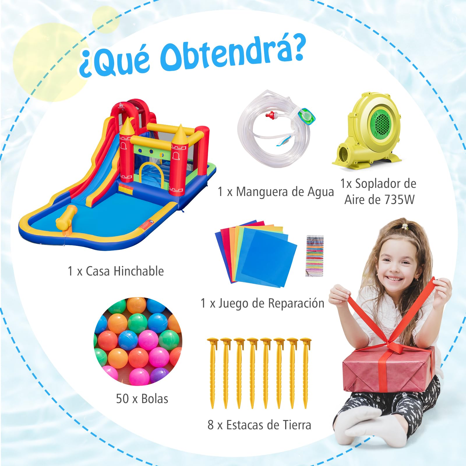 GOPLUS Castillo Hinchable Acuatico para Niños de 3-10 Años, Castillo Inflable con Tobogán Seco/Acuático, Canasta de Baloncesto, Pared de Escalada, Disco de Boxeo, Piscina Infantil, con Soplador