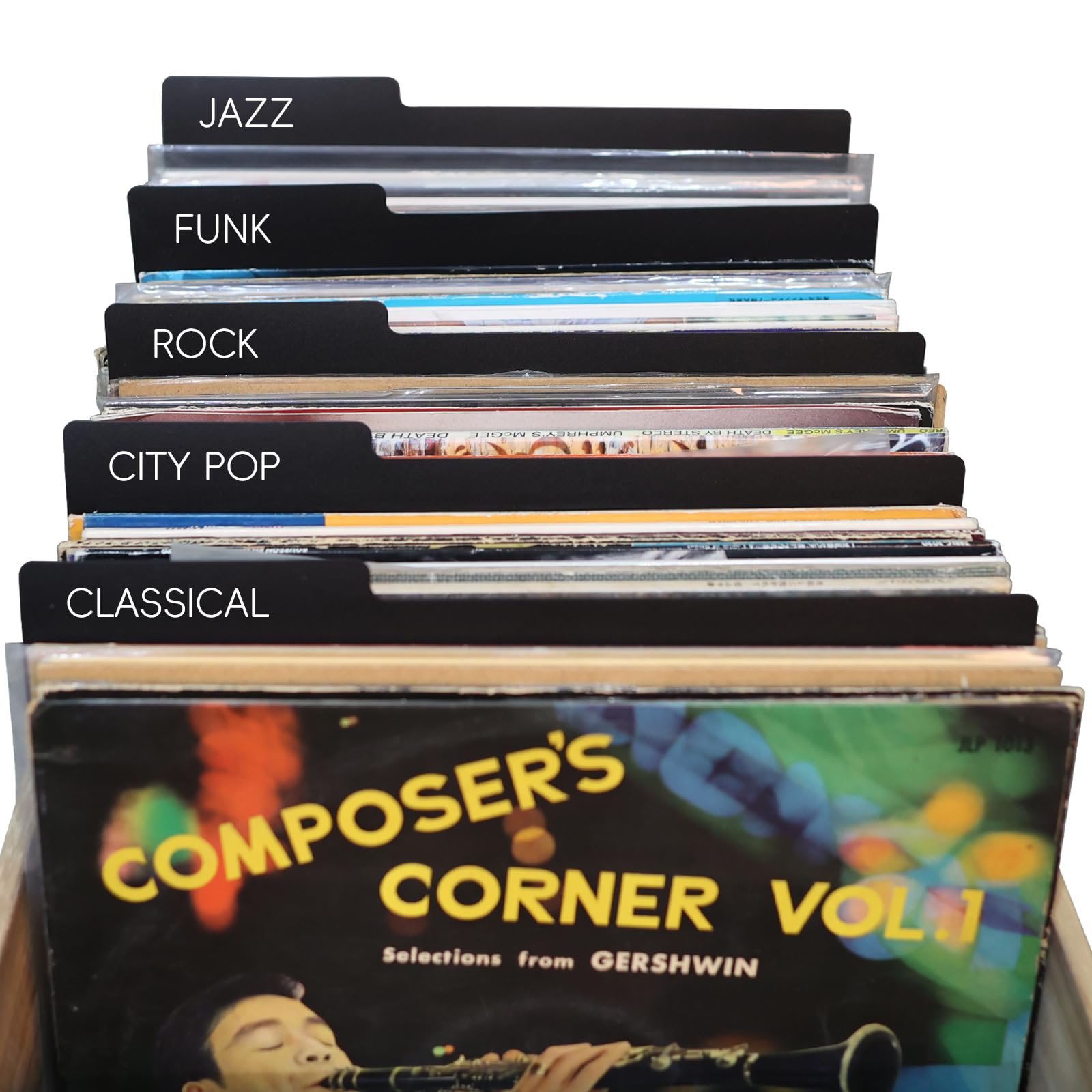 MayRecords 30 divisores de discos de vinilo de 12.9 pulgadas, organizador de discos de plástico de doble cara negro para caja de álbum y organización de discos de vinilo DVD, separadores de tarjetas