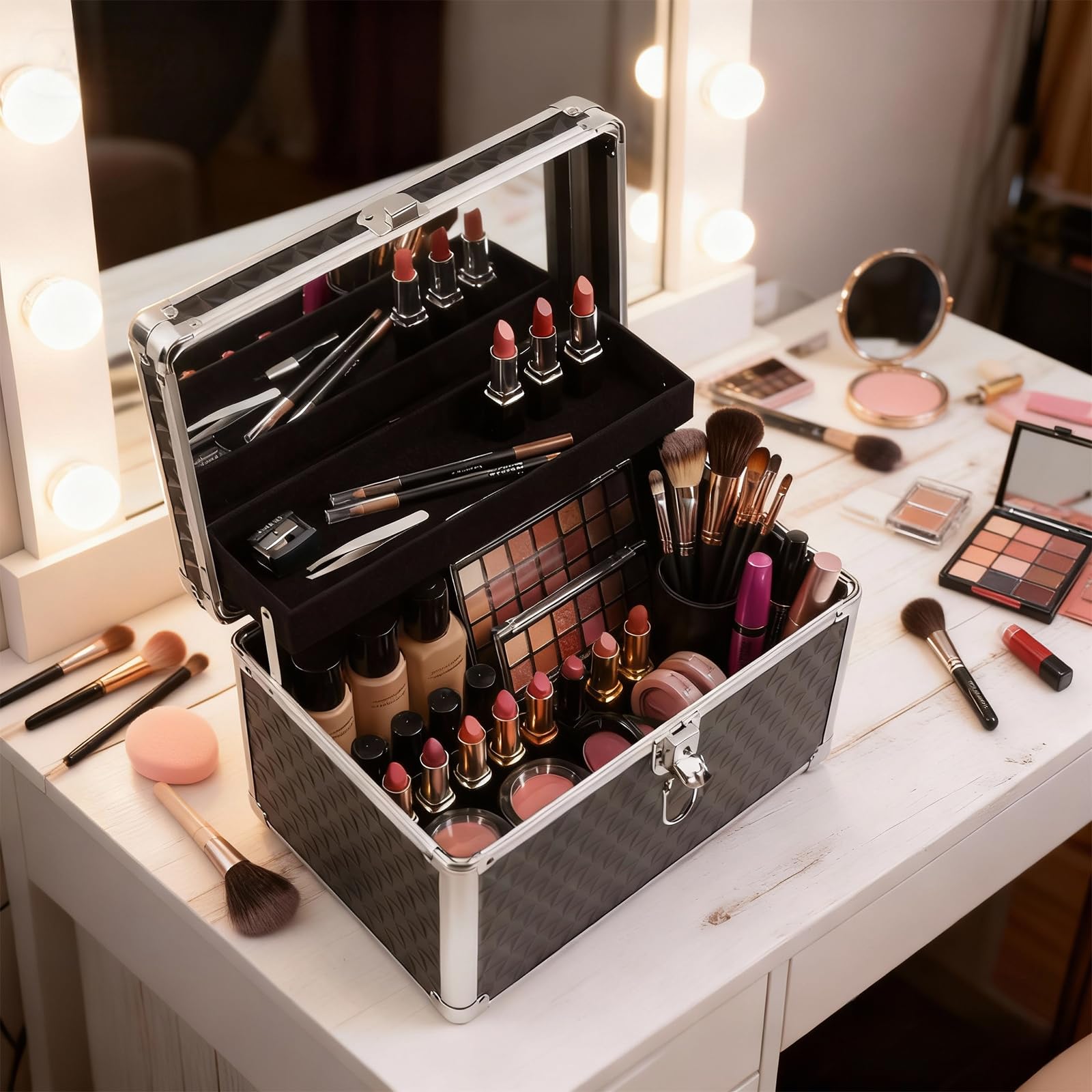 Mallette de maquillage vide verrouillable avec miroir et clé, noire, petite valise cosmétique, Noir , 30 x 20 x 20 cm, Classique