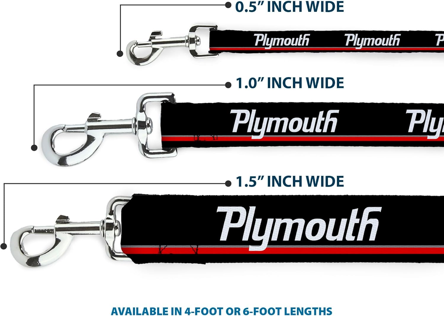 Dog Leash Plymouth Text Stripe Black White Gray Red 6 Feet Long 1.0 Inch Wide
