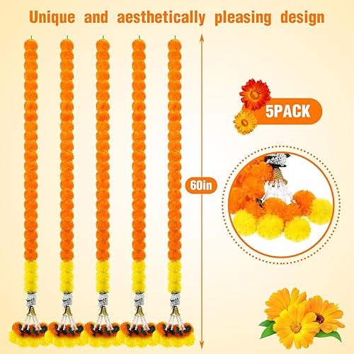 Miniatura 2 de 5 guirnaldas de caléndula para decoración de flores artificiales de caléndula de 5 pies de largo, decoración tradicional india, guirnaldas largas