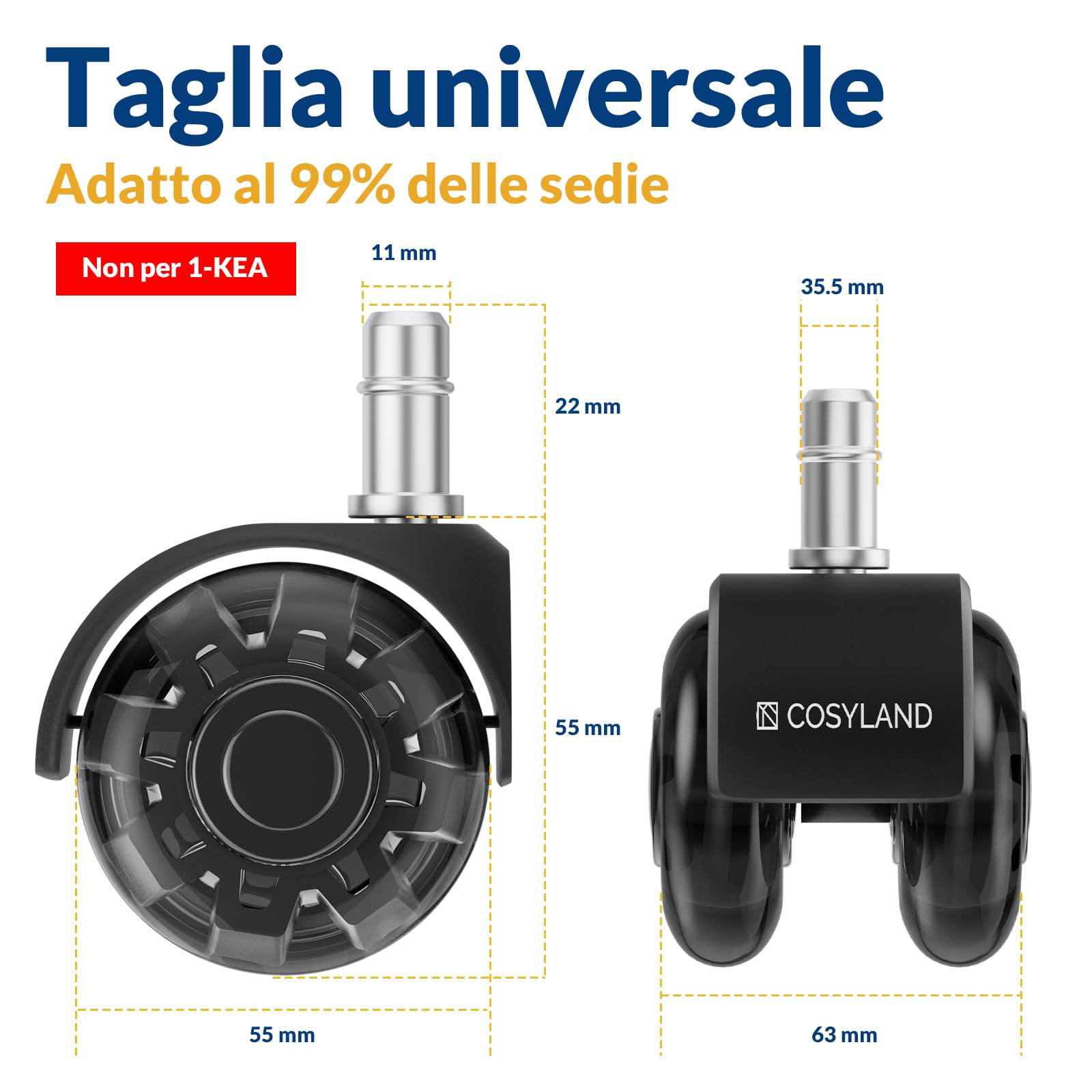 COSYLAND Set 5 Rotelle Doppie Nero Trasparente, Ruote sedia ufficio resistenti e silenziose, ruote per sedia ufficio per parquet, perfette per ufficio, 11X22MM
