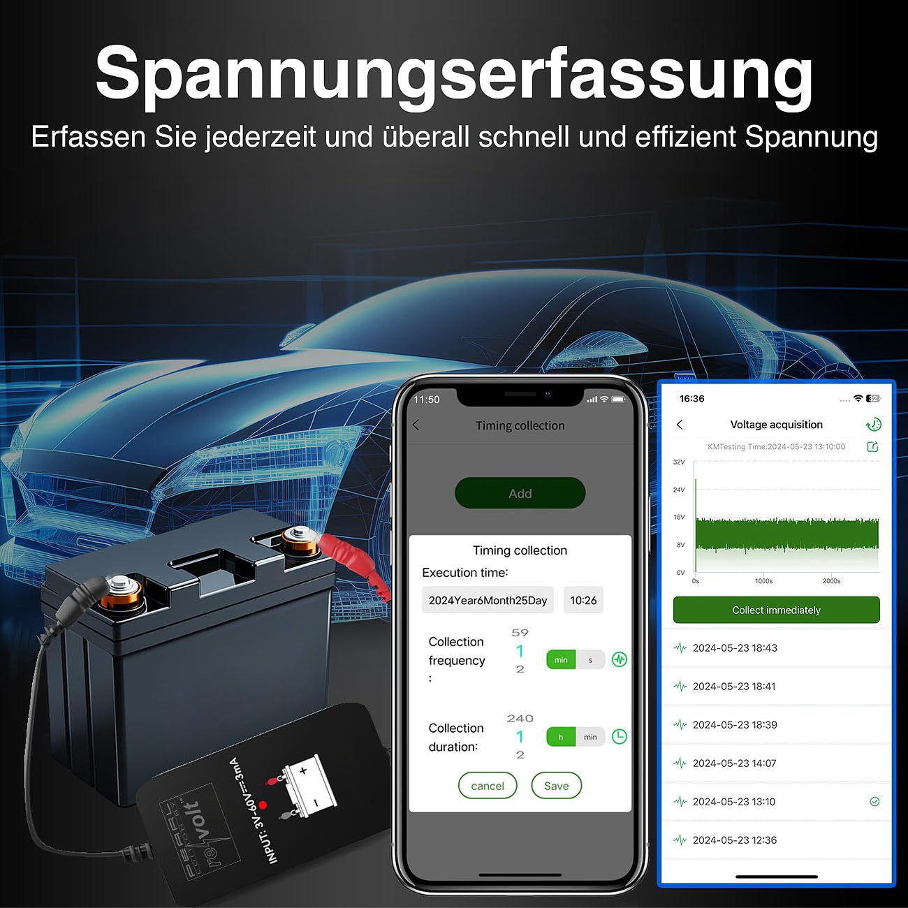 Lescars Monitor Batteria: Set da 4 Monitor della Batteria per Auto, per batterie da 6 a 48 V, Monitoraggio della Tensione Tramite App, Bluetooth (24V, Tester, 12 Volt)