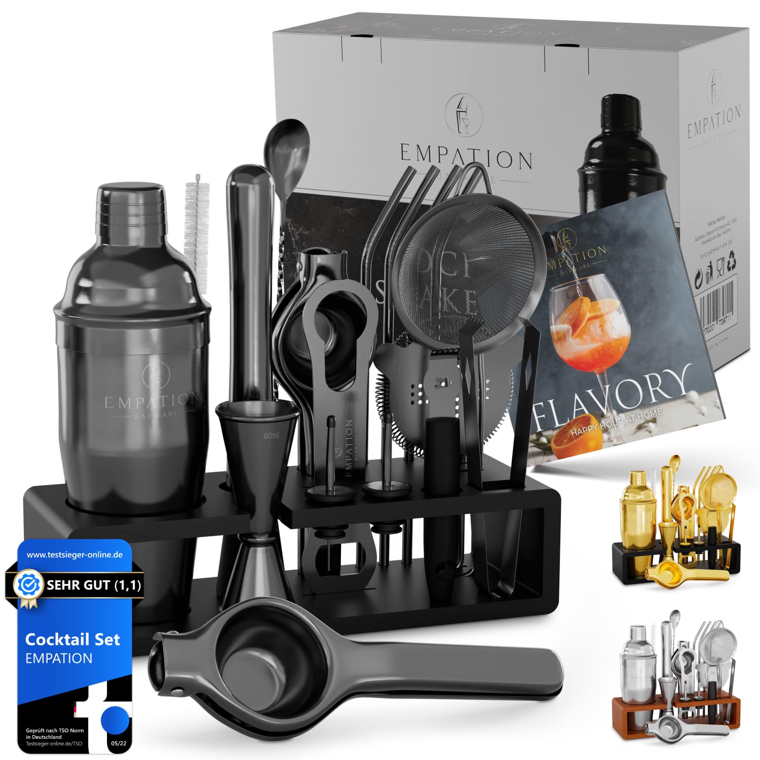 EMPATION Cocktail Set Schwarz, 700ml Cobbler Cocktail Shaker aus Edelstahl, sicheres Ausgießen & kein Verschütten, Profi Cocktail Shaker Set mit Ständer & Rezeptbuch, Mix Set für Barkeeper