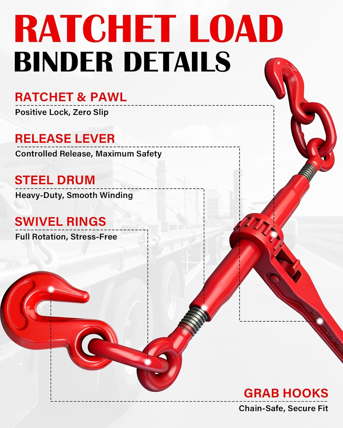 Ratchet Chain Binders - Fits 3/8" & 1/2" Chain, 9,400 lbs WLL, Adjustable Length for Secure Transport & Towing, 4 Pack