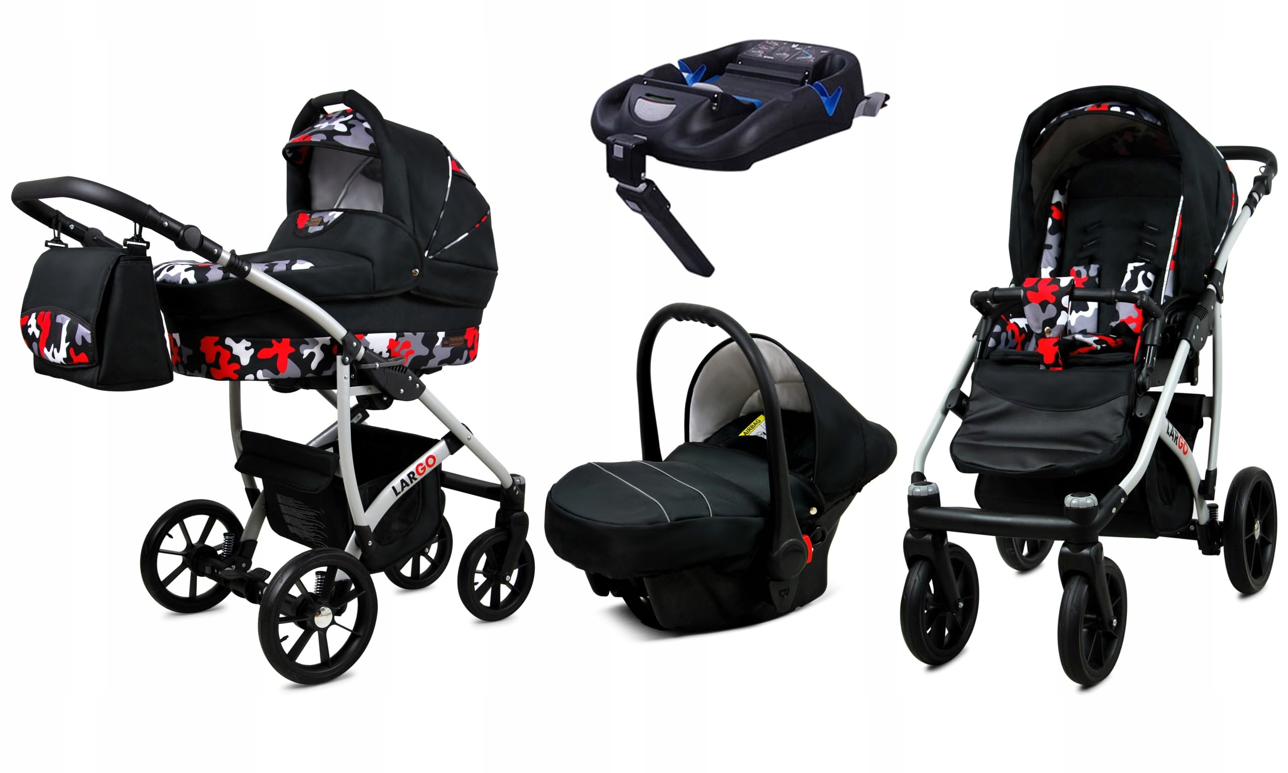 BabyLux Zestaw wózków dziecięcych 4 w 1 – Largo – w zestawie wanienka dla niemowląt, fotelik sportowy, fotelik samochodowy, stacja bazowa ISOFIX – fotelik samochodowy – zestaw wózków dziecięcych