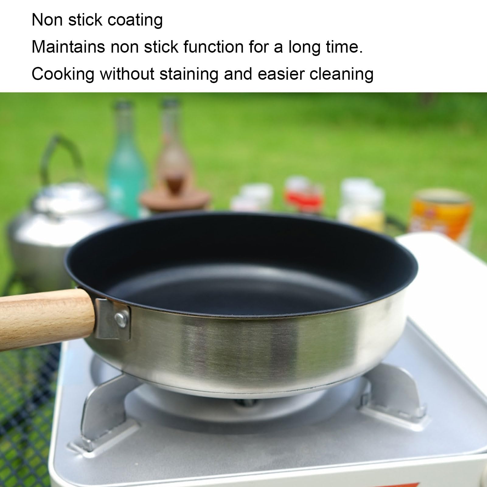 Sartén Antiadherente de Acero Inoxidable 304 con Mango de Madera Portátil y Bolsa de Almacenamiento, Sartén para Fogón para Camping y Picnic