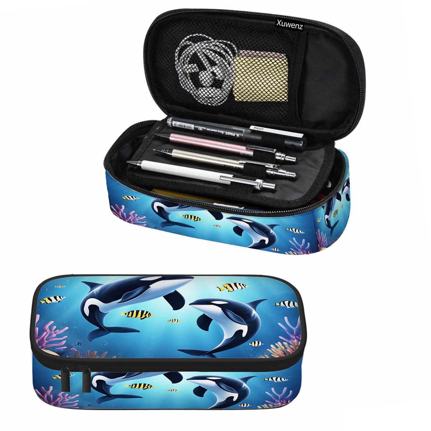 Xuwenz Blue Whales Pencil Case Sea Fish Dolphin Coral Reefs Tropical Fish Marine Pencil Bag Pen Markers Pouch Holder Organizer for Boy Girl School