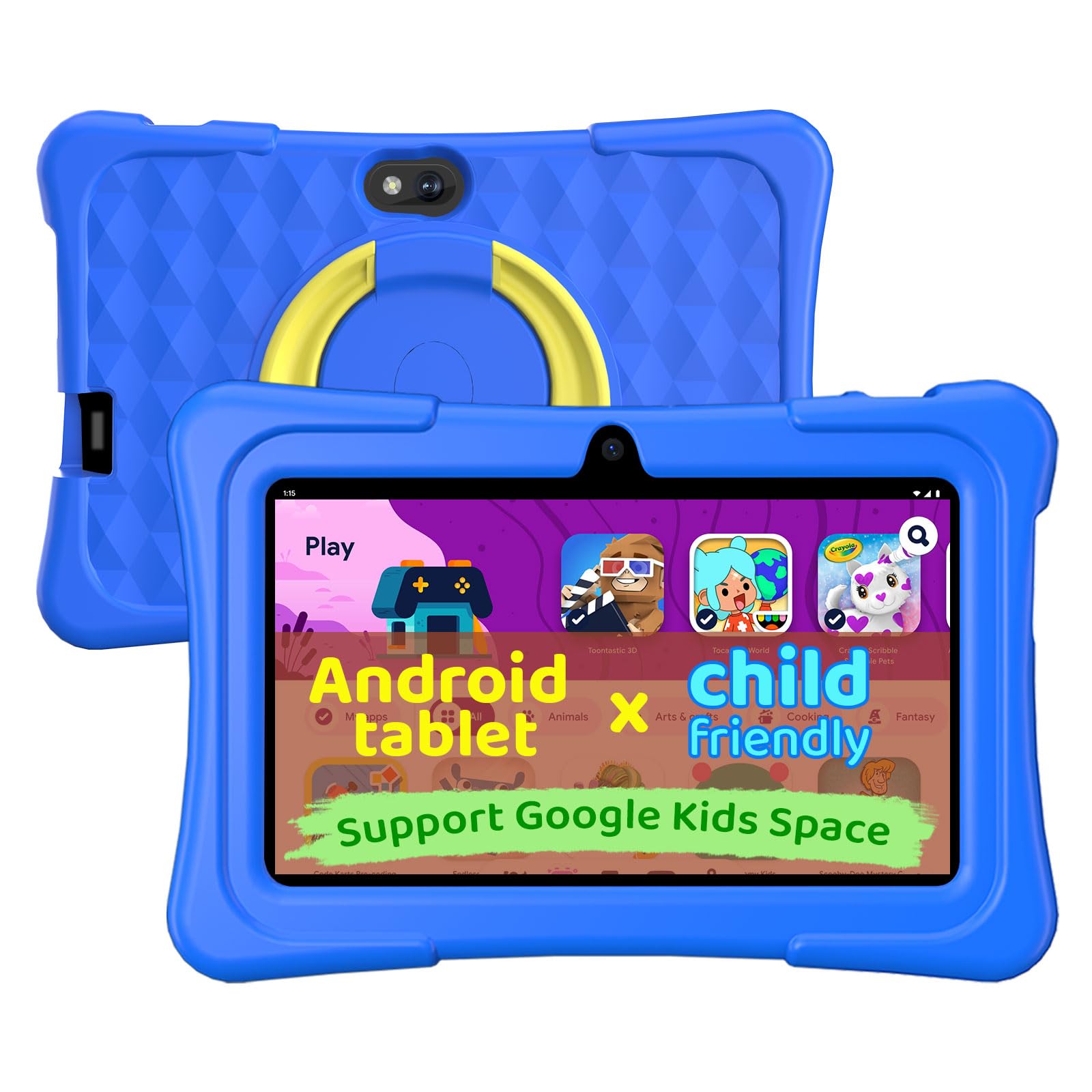 Kids Tablet, 7 inch Android 15 Tablet for Kids, 8GB+32GB 1TB Expand, Quad-Core Toddler Tablets with Shockproof Case, BT5.0, WiFi 5, Parental Control, Games, Dual Camera (Blue)