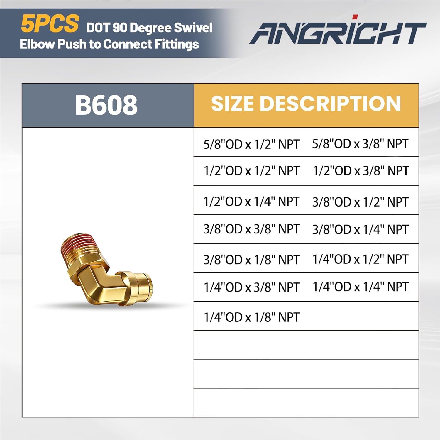 90 Degree Swivel Elbow Push to Connect Fittings,Brass Air Line Connector (Pack of 5) – DOT Air Brake Line Quick Fittings for Truck and Pneumatic System (5/8"OD x 1/2" NPT)