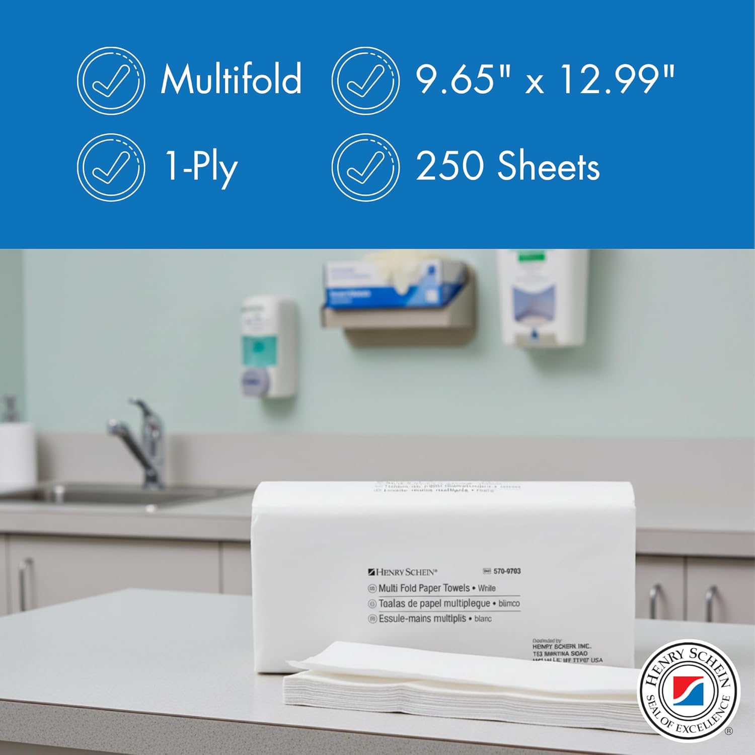 Henry Schein Multifold Paper Towels (570-0703) with Fast-Drying Absorbency Pockets, 250 Multifold Towels/Pack, White - 12 Packs (3,000 PCs)