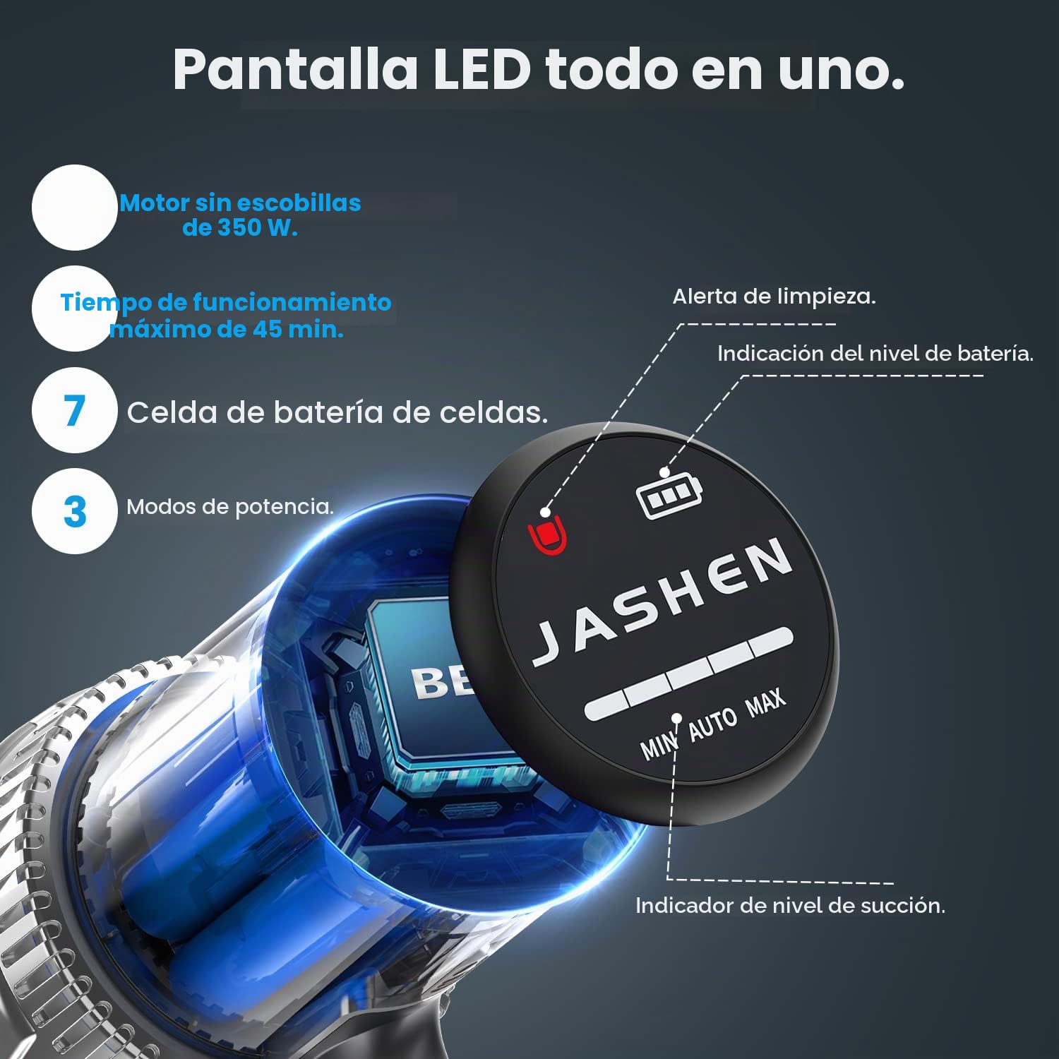 Jashen V16 Cable, Aspiradora de Mano 4 en 1, 22000 Pa de Potencia Bolsa, hasta 40 min de Aspiración, Batería Extraíble, 350 W, 0.6 litros, 70 Decibeles, 3 Velocidades, Púrpura