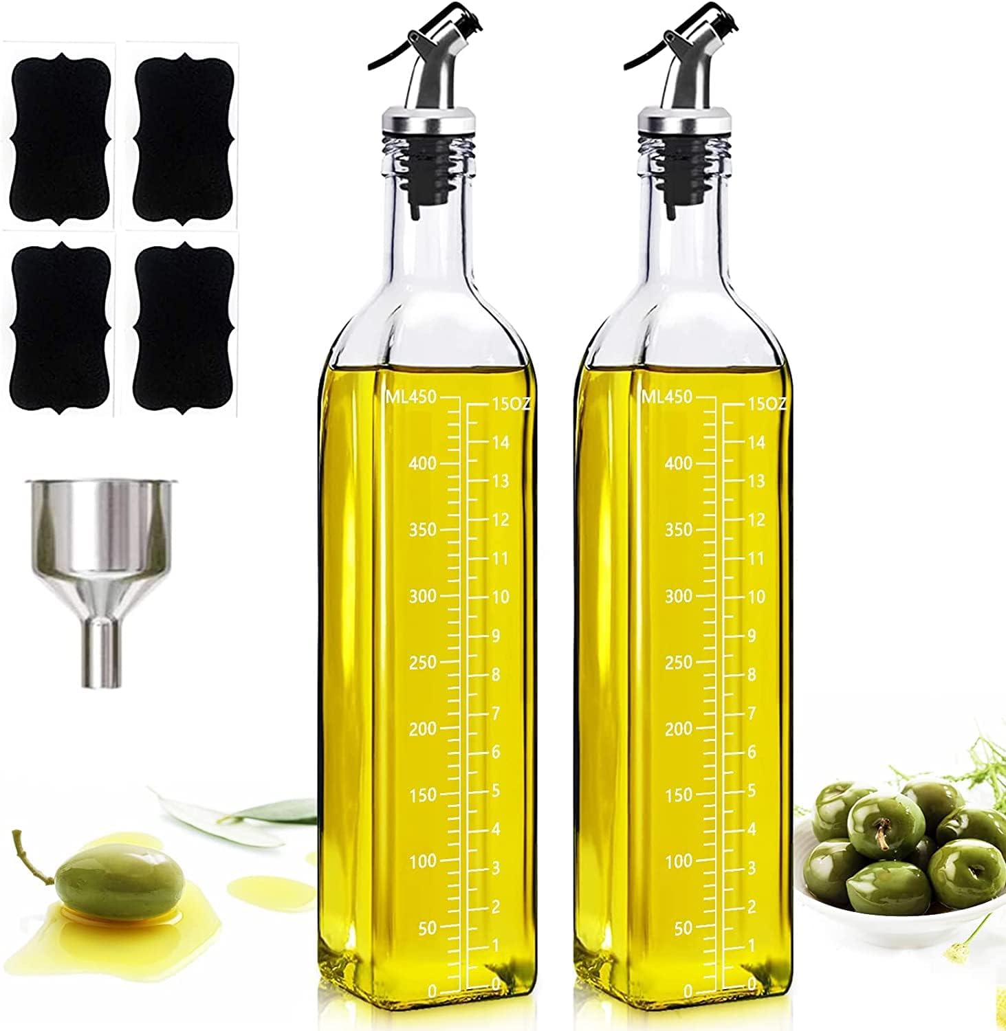 Olive Oil Dispenser Bottle Set of 2, Oil and Vinegar Cruet Set 17oz/500 ml,Oil Bottles for Kitchen,Square Tall Glass Oil Bottle with 4 Labels, 2 Pourers and 1 Funnel as Kitchen Helper