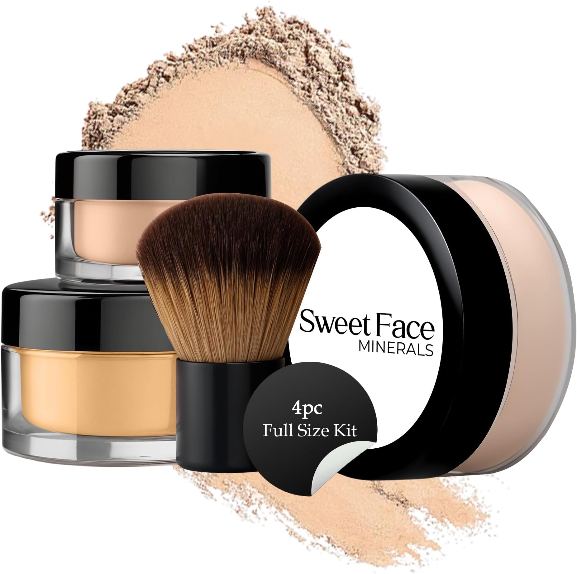 4pc Full Size Kit (BEIGE SHADE) Mineral Makeup Matte Translucent Loose Foundation + Kabuki Brush + Concealer + Finishing Setting Powder + Bare Face Full Coverage SPF 30 All Skin Types Waterproof