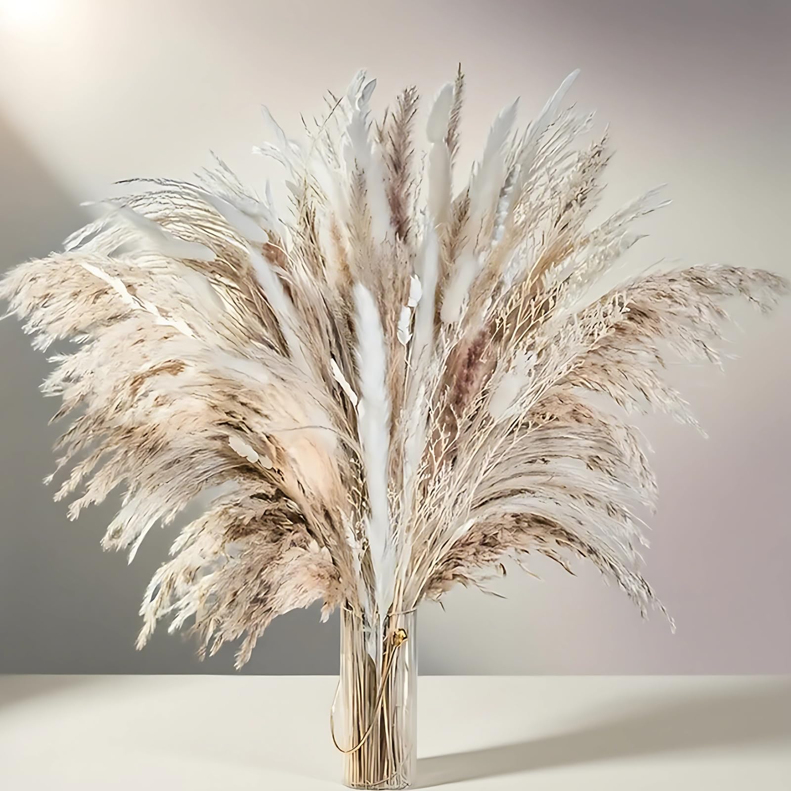 Bouquet de 120 Fleurs séchées en Herbe de Pampa de 40 à 45 cm, roseaux naturels, queues de Lapin moelleuses, déco bohème, Composition automnale, création Florale DIY, avec boîte, pour la Maison et Le